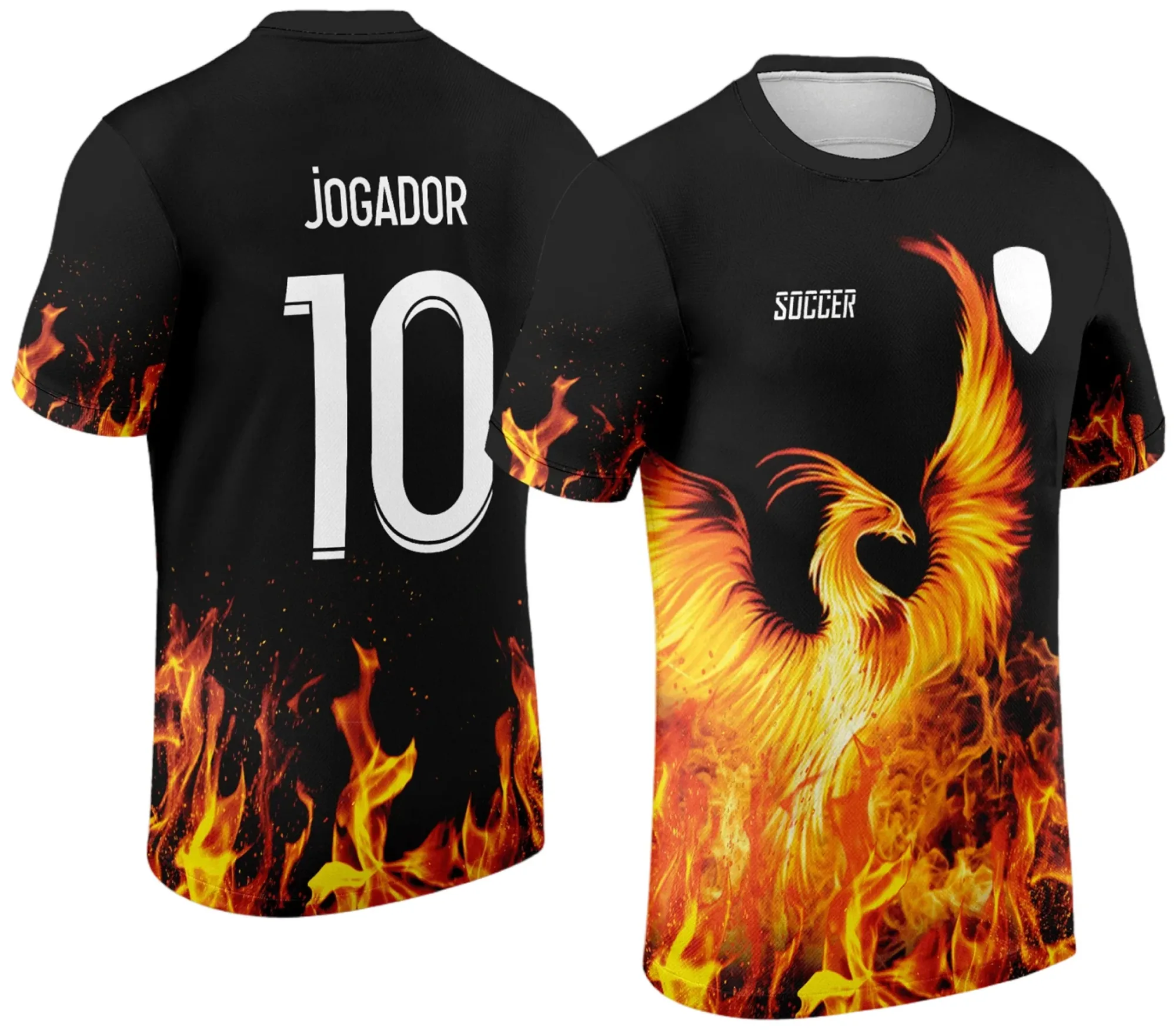 Camiseta unissex preta com logo no peito e estampa grande nas costas representando o Fênix Fogo da InterClasse 2024, modelo 36, ideal para eventos e uso casual.