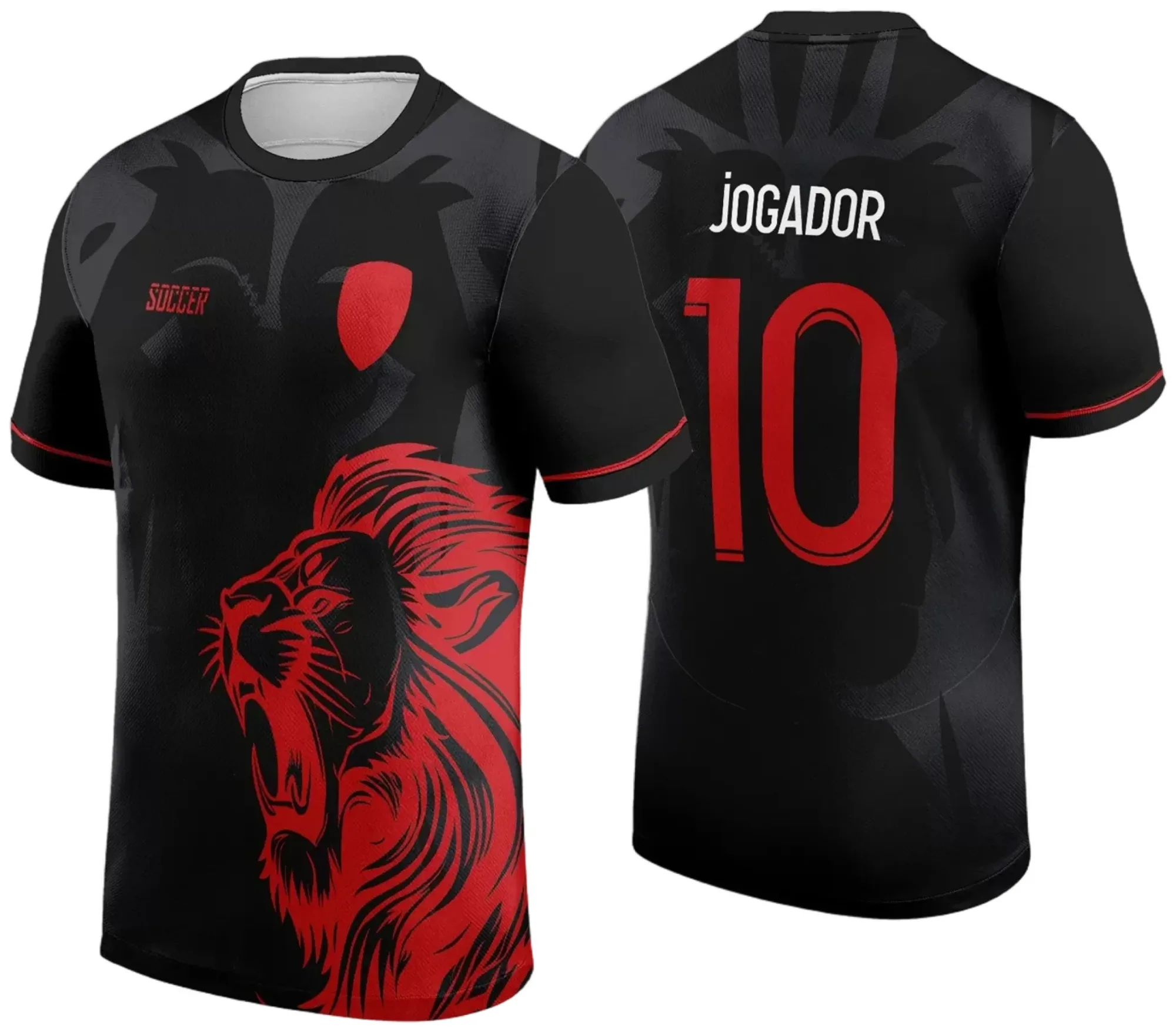 Camiseta unissex preta com logo no peito e estampa grande nas costas, mostrando um leão vermelho poderoso, ideal para eventos InterClasse 2024, destacando força e coragem.