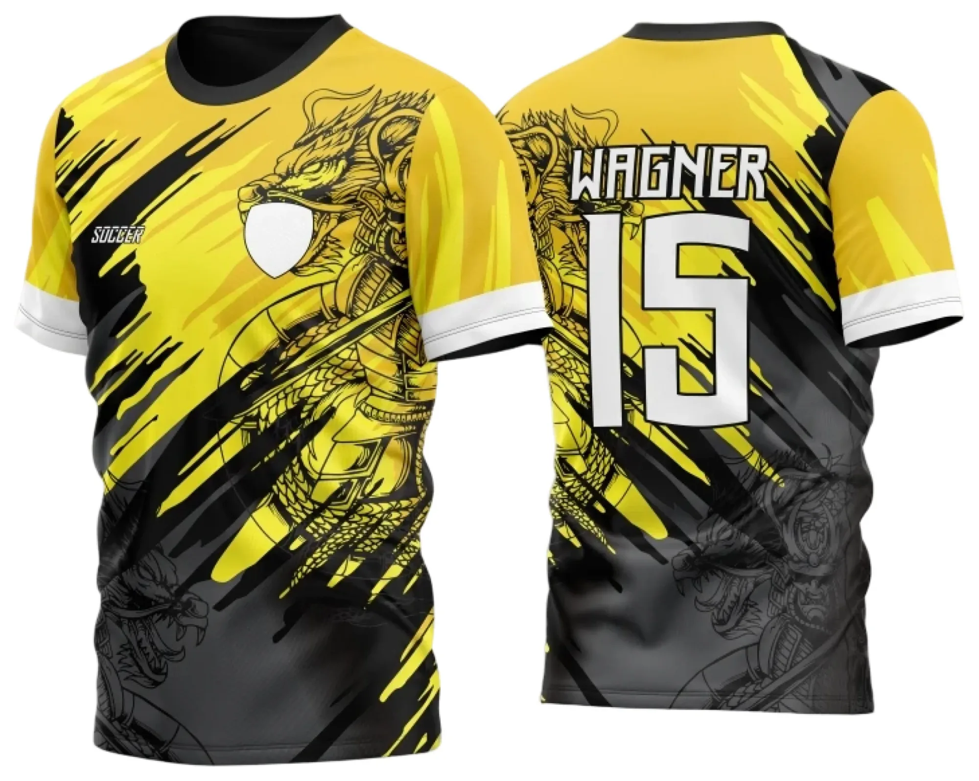 Camiseta unissex preta com logo no peito e estampa grande nas costas apresentando design do Dragão Modelo 33 para InterClasse 2024, ideal para quem gosta de estilo moderno e marcante.