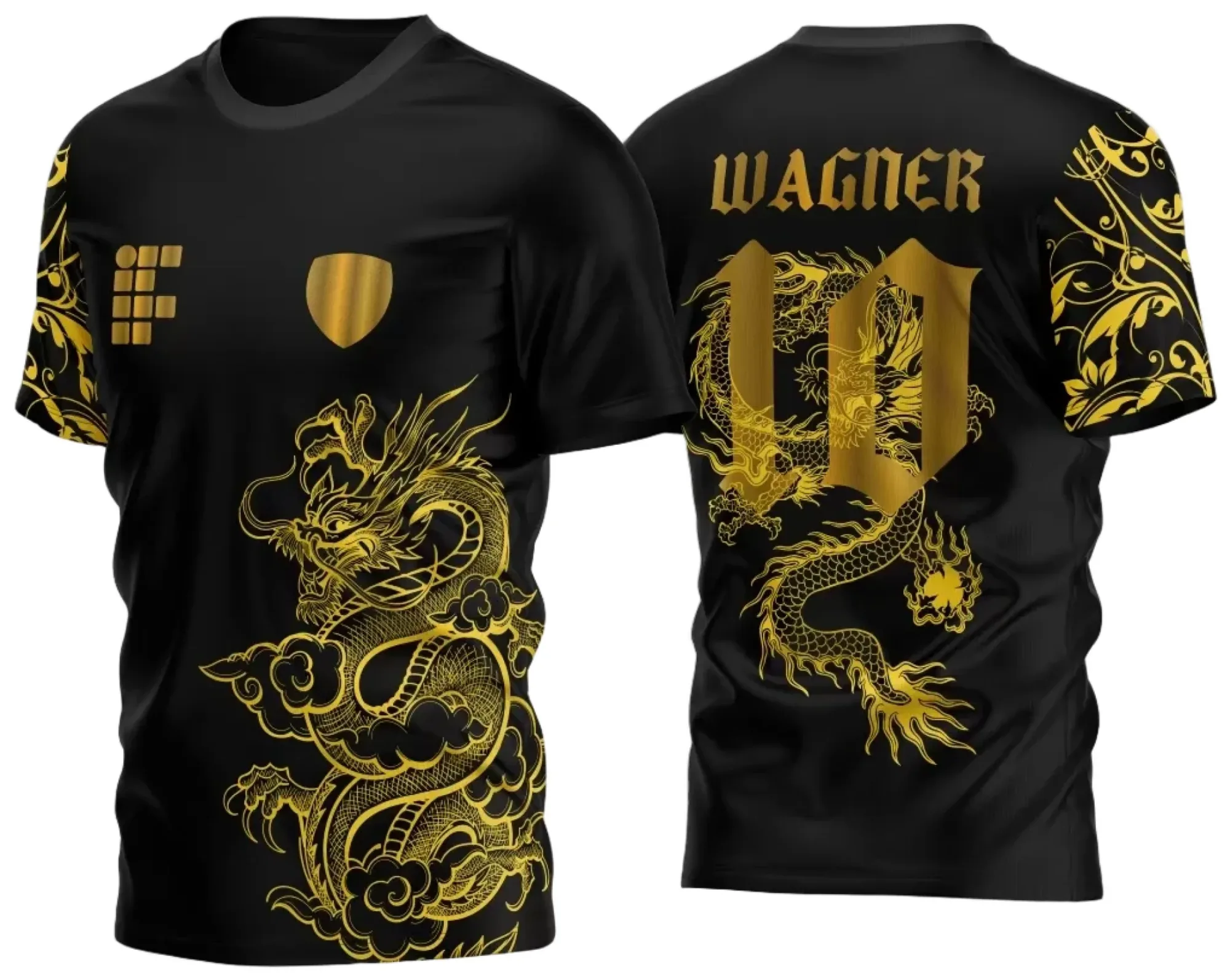 Camiseta unissex preta com logo no peito e estampa grande nas costas mostrando dragão do InterClasse 2024, design moderno, confortável e estilo marcante para fãs e participantes.