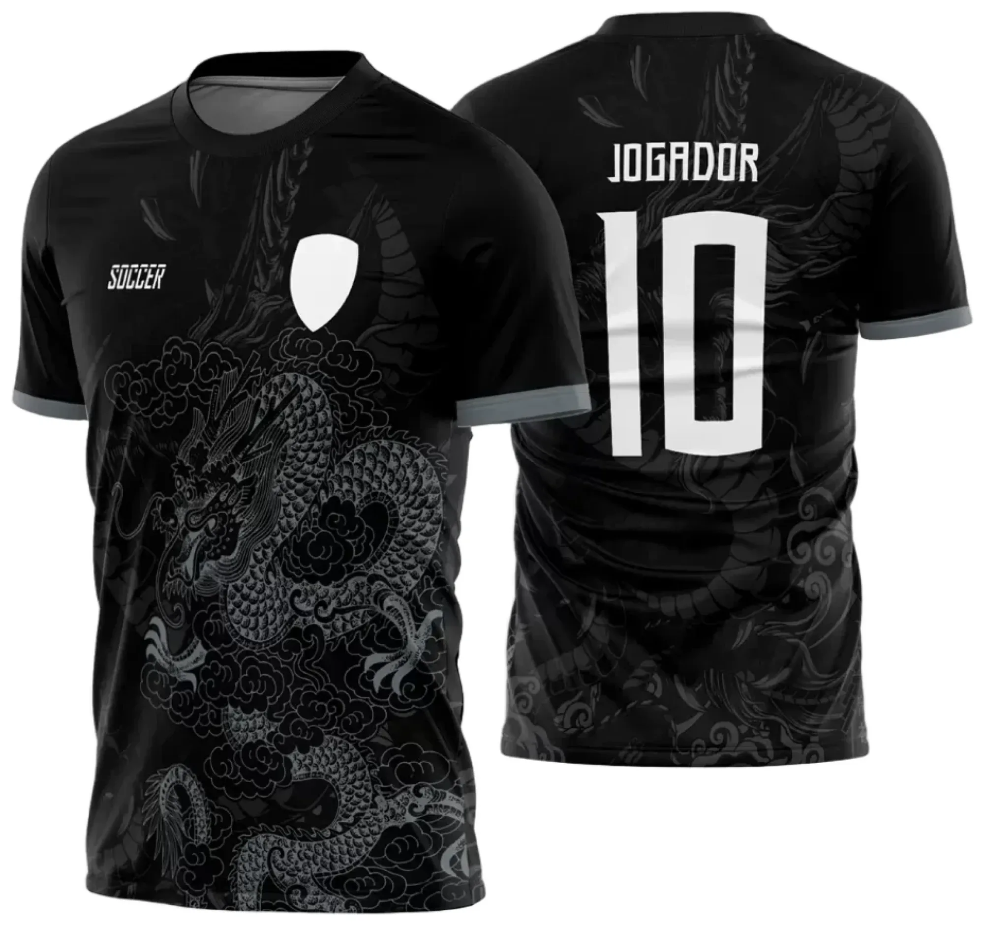 Camiseta unissex preta com logo no peito e estampa grande nas costas apresentando dragão estilizado, inspirada no modelo 27 da InterClasse 2024.