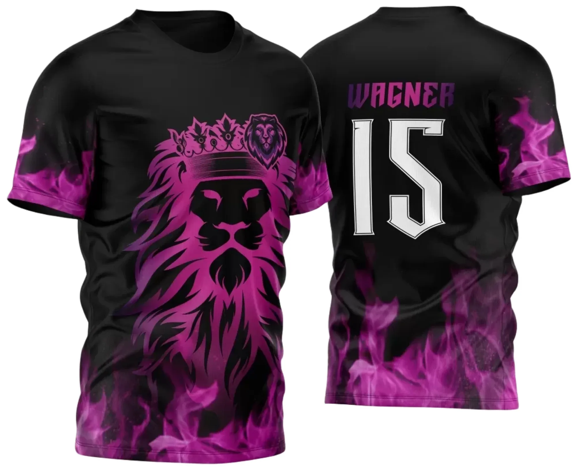 Camiseta preta unissex com logo no peito e estampa grande nas costas com tema Leão InterClasse 2024 Modelo 02, design moderno e marcante para eventos escolares.