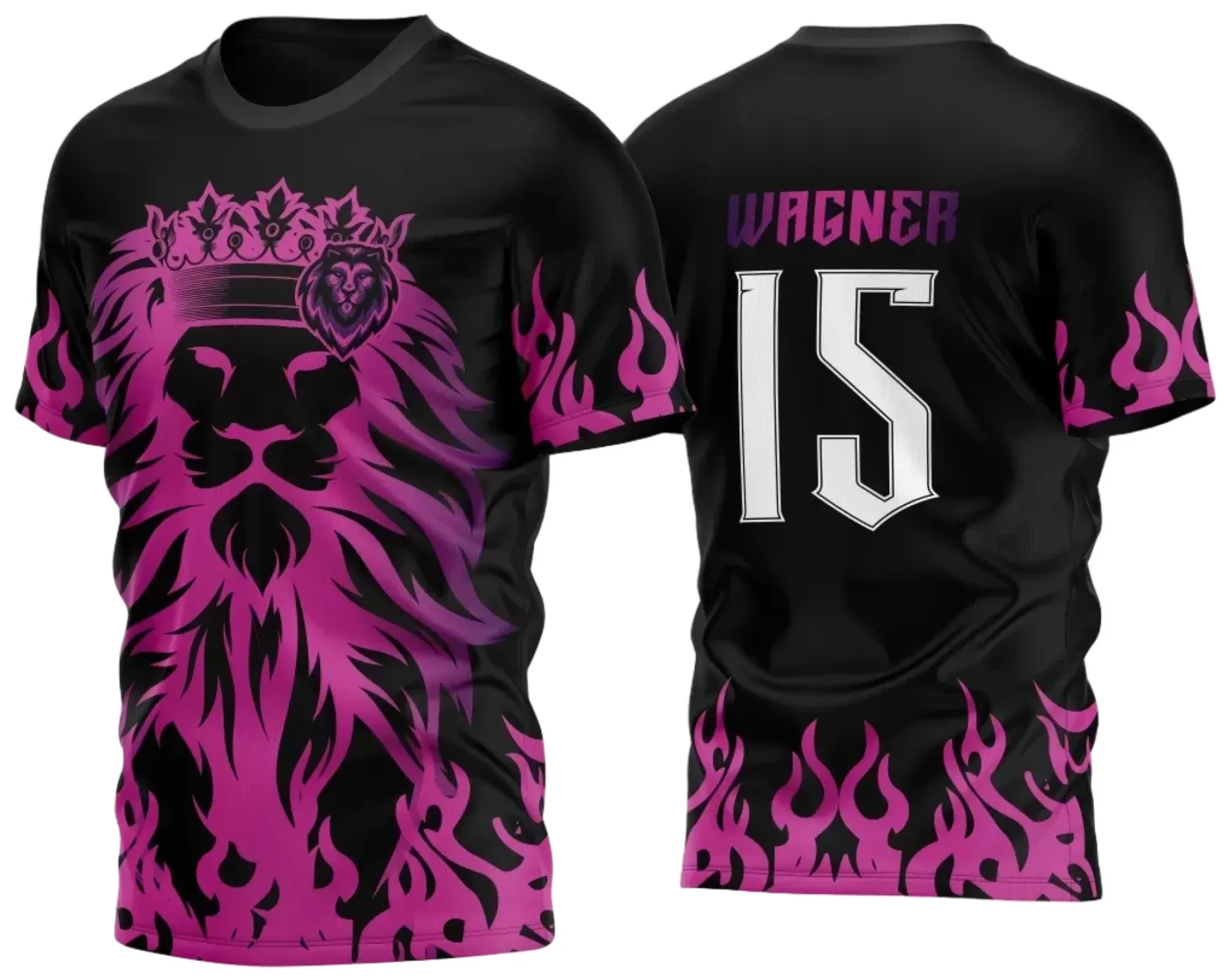 Camiseta unissex preta com logo no peito e estampa grande nas costas baseada no tema Leão do InterClasse 2024, modelo 01, ideal para eventos e grupos.