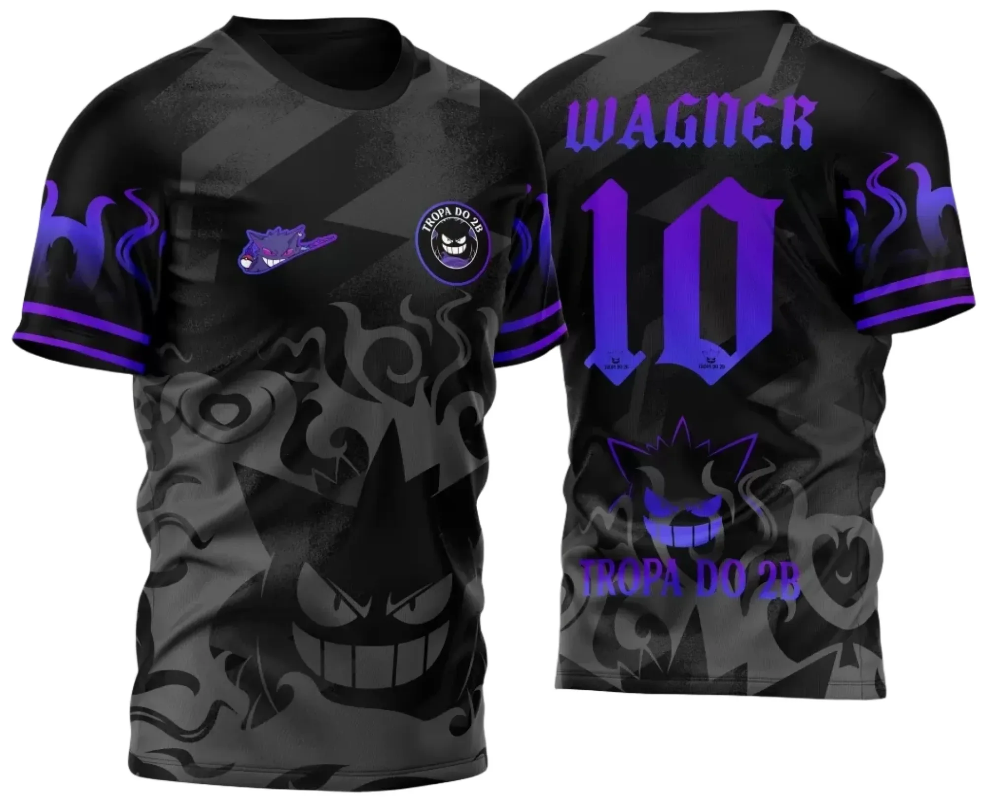 Camiseta unissex preta com logo no peito e estampa grande nas costas inspirada no tema InterClasse Gengar 2023, ideal para quem curte estilo e conforto