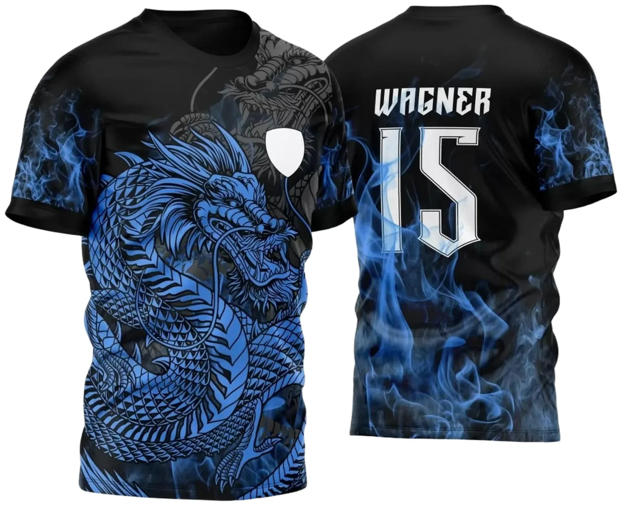 Camiseta unissex preta com logo no peito e estampa grande nas costas do Dragão Azul, tema InterClasse 2024, ideal para ocasiões especiais e eventos escolares.