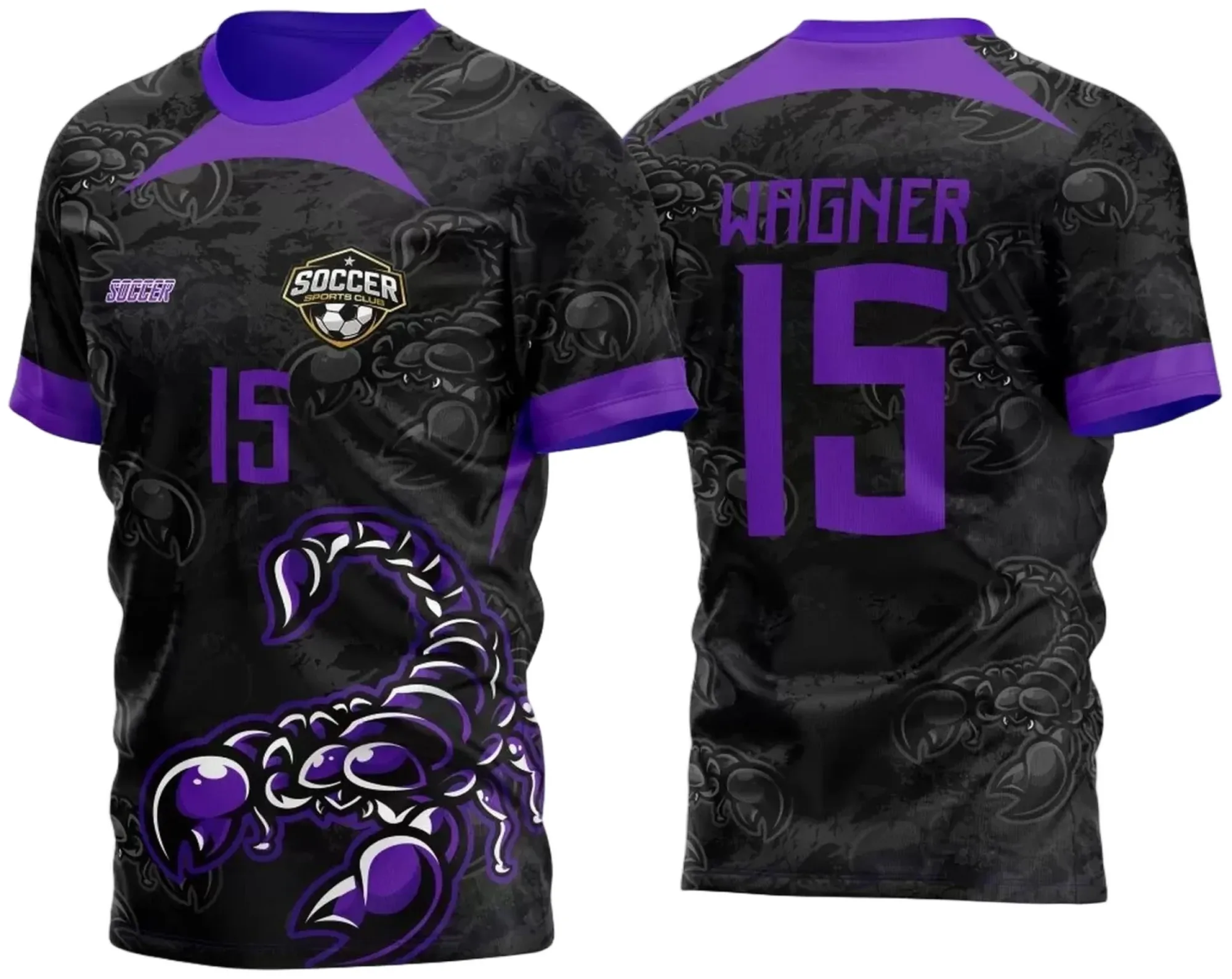 Camiseta unissex preta com logo no peito e estampa grande nas costas, tema Atlética Escorpião 2023 para eventos acadêmicos e interclasse.