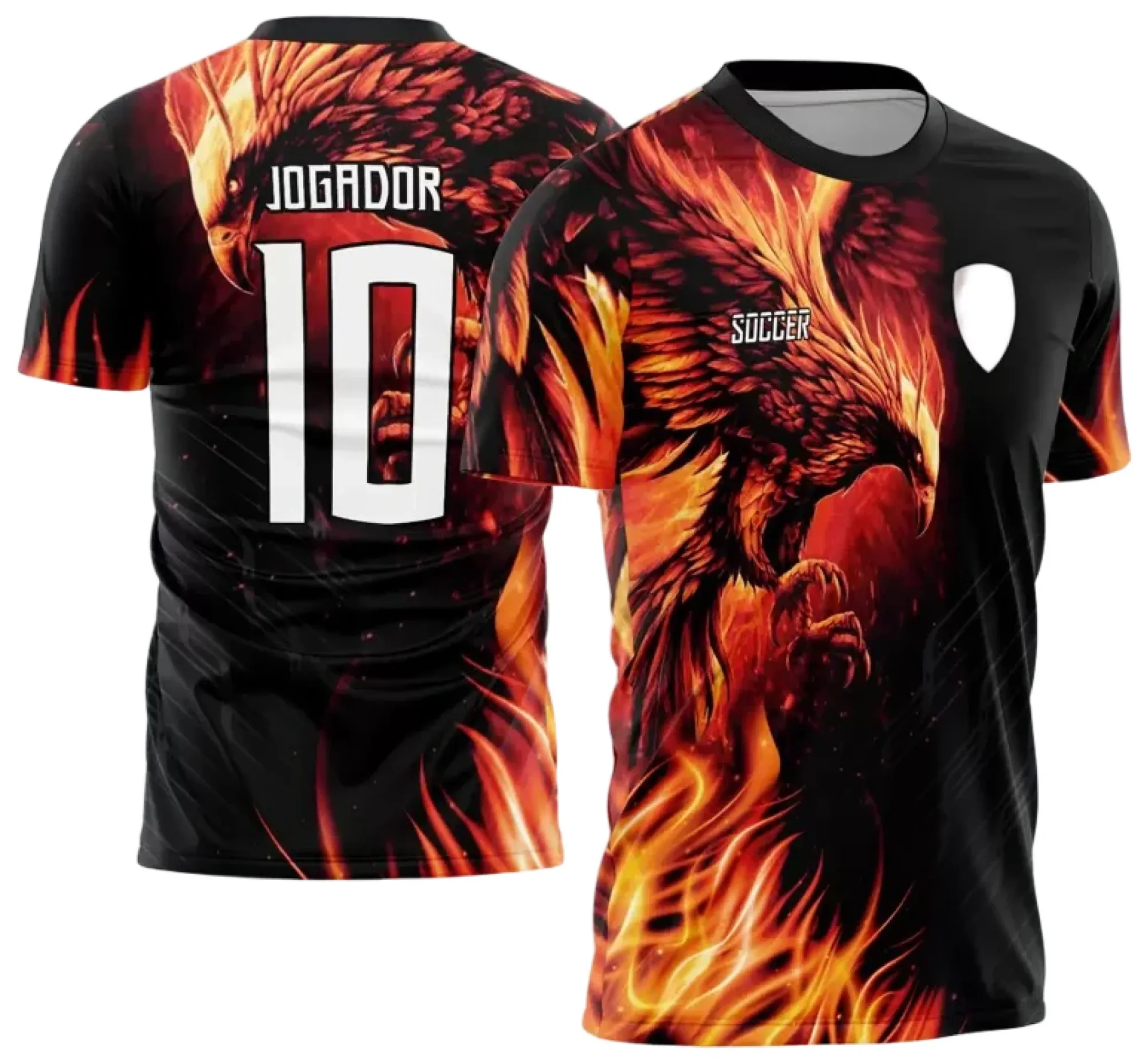 Foto de camiseta unissex preta com logo no peito e estampa grande nas costas, com tema InterClasse 2024 Fenix, ideal para eventos e times escolares