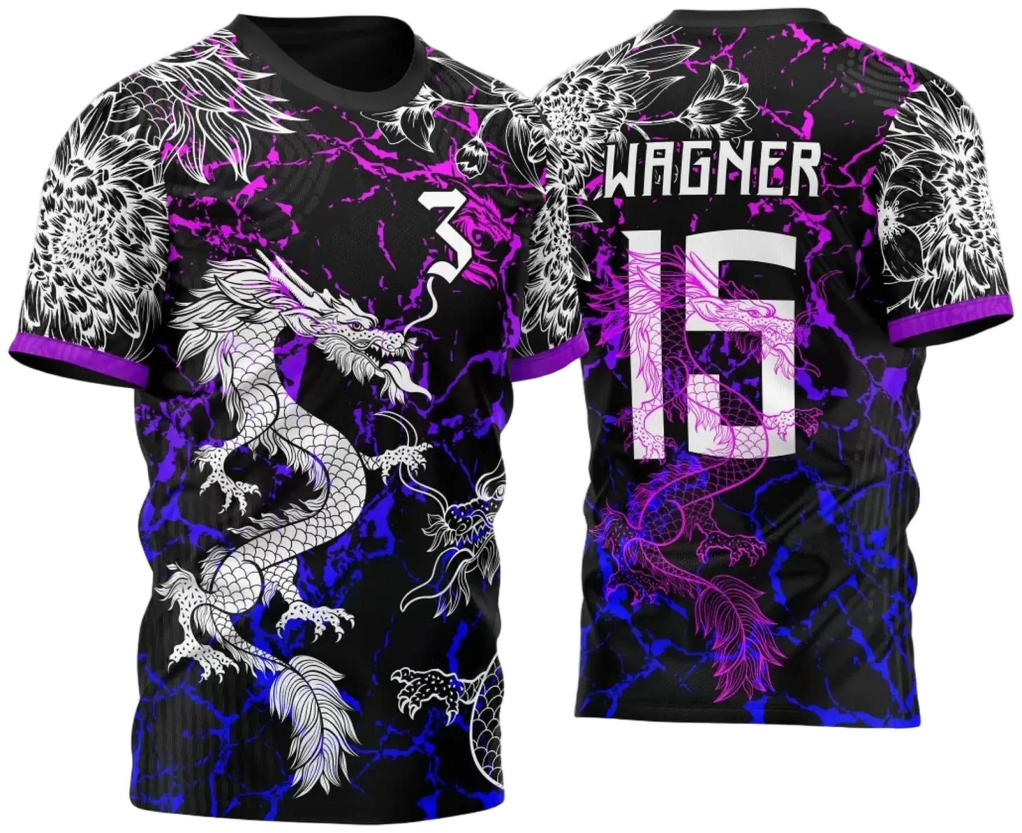 Camiseta unissex preta com logo no peito e estampa grande nas costas do Time Dragão 2024 para InterClasse, design imponente e moderno, perfeita para torcedores e atletas.