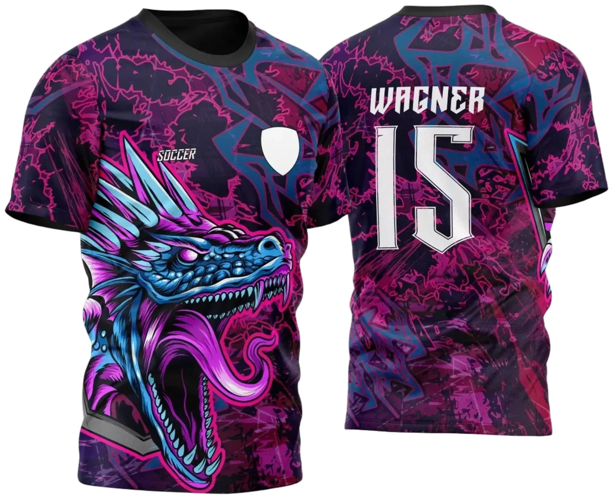 Camiseta unissex preta com logo no peito e estampa grande nas costas mostrando dragão roxo em design impressionante inspirado na InterClasse 2024.