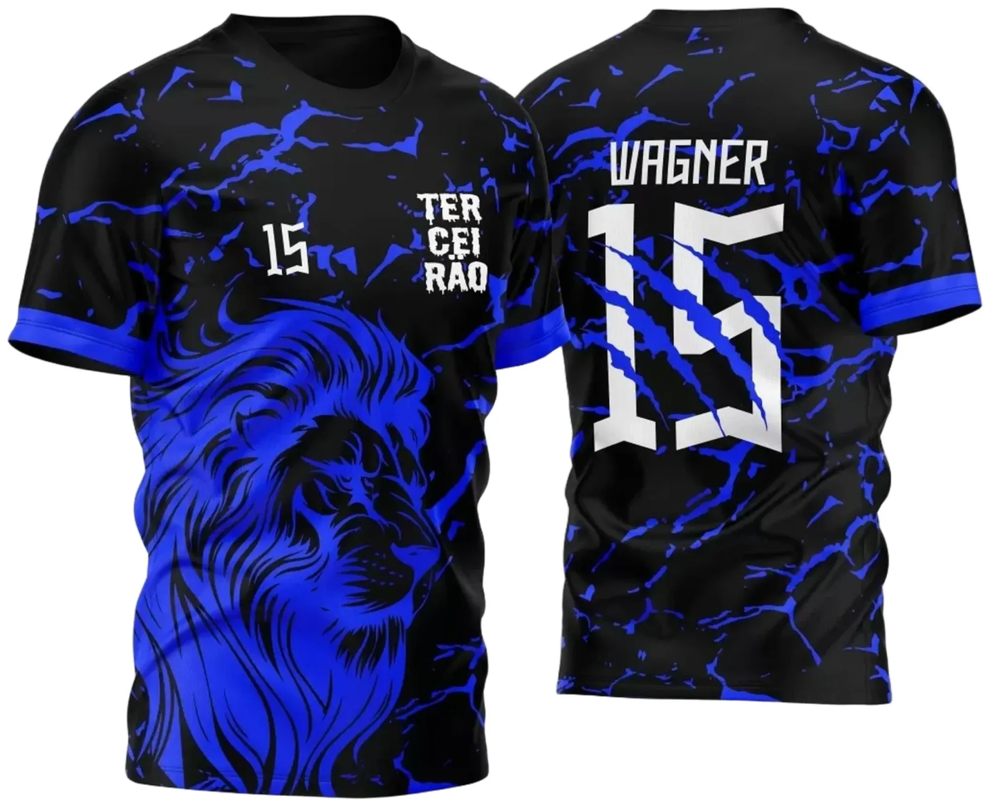 Camiseta unissex preta com logo no peito e estampa grande nas costas mostrando um leão em fundo azul, design moderno e vibrante.