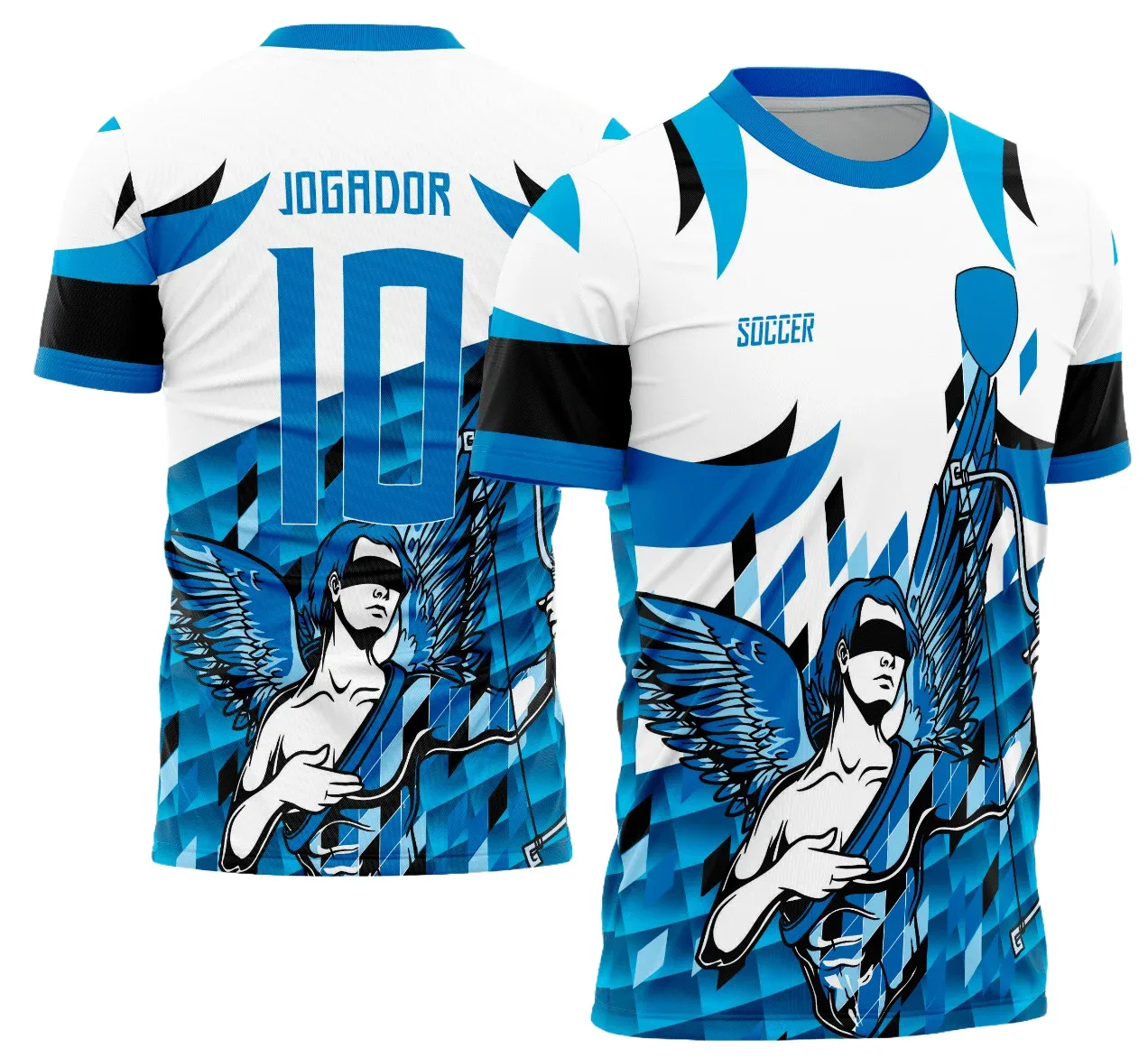 Camiseta unissex preta com logo no peito e estampa grande nas costas mostrando o tema Anjo da Justiça, estilo moderno e impactante para fãs do InterClasse 2023.