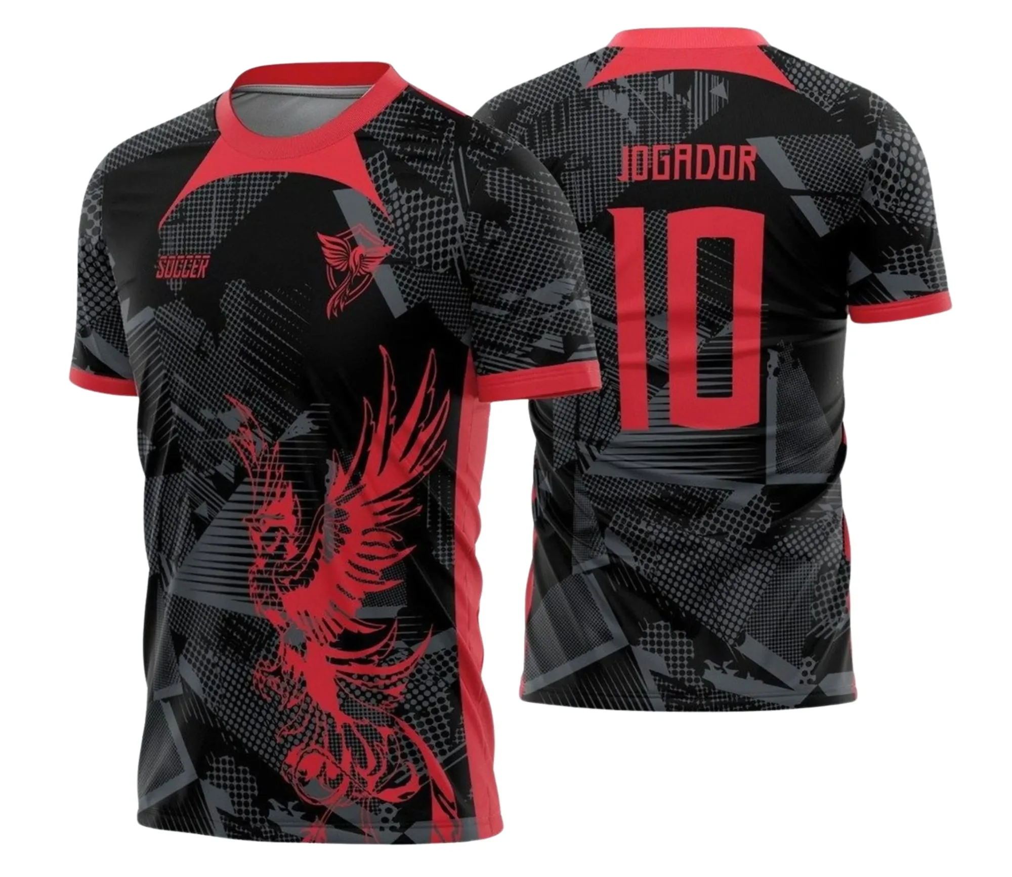 Camiseta unissex preta com logo no peito e estampa grande nas costas, tema Atlética Acadêmica e InterClasse Fenix v2 2023, design moderno e vibrante