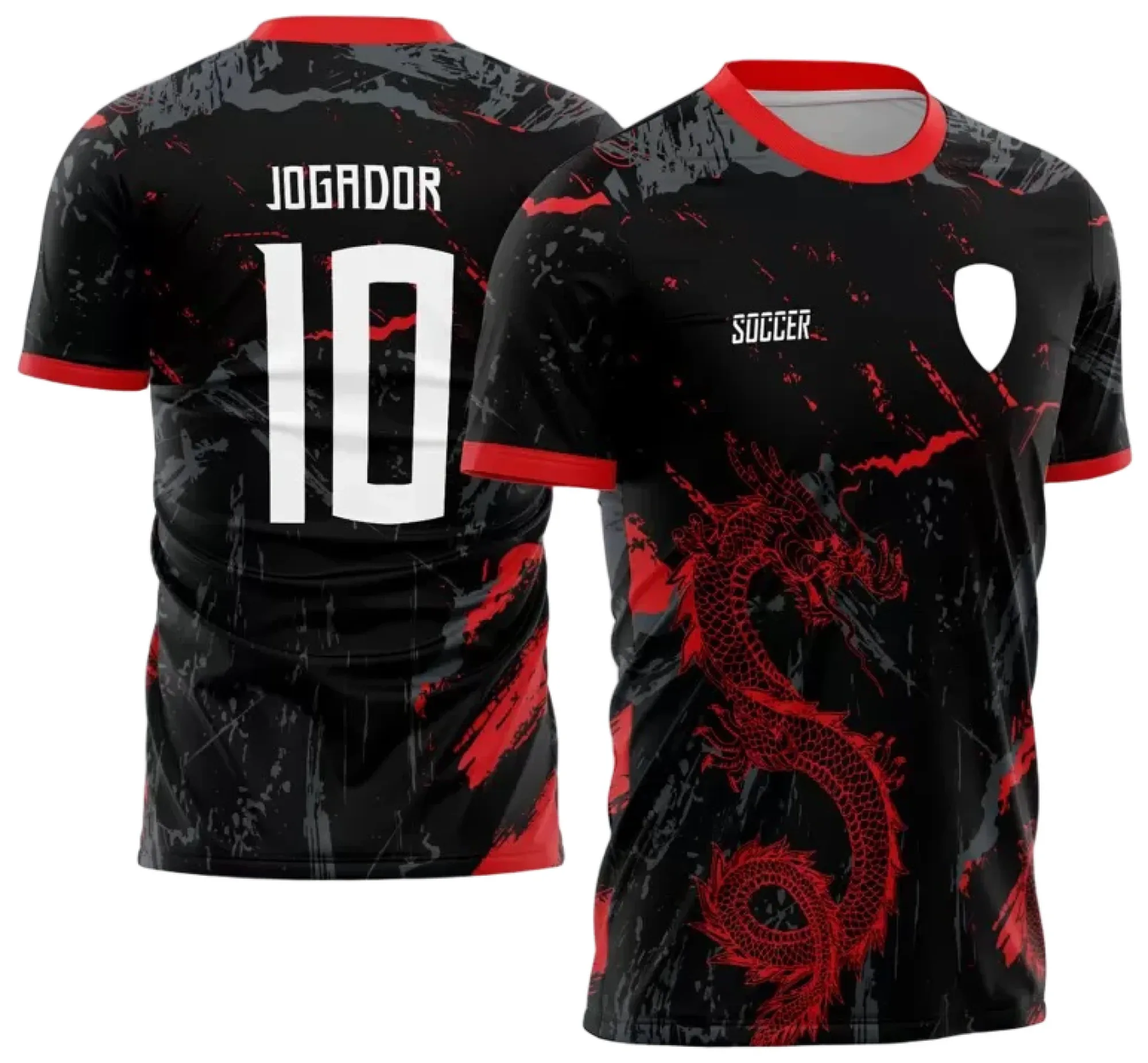 Camiseta unissex preta com logo no peito e estampa grande nas costas do dragão vermelho 2023, estilo InterClasse moderno e impactante, perfeita para fãs do tema interclasse.