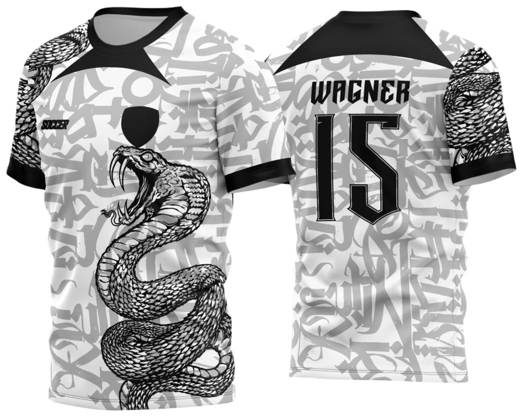 Camiseta unissex preta com logo no peito e estampa grande nas costas mostrando temática Atlética Acadêmica e InterClasse Cobra 2023 modelo 2, ideal para uso em eventos e confraternizações.