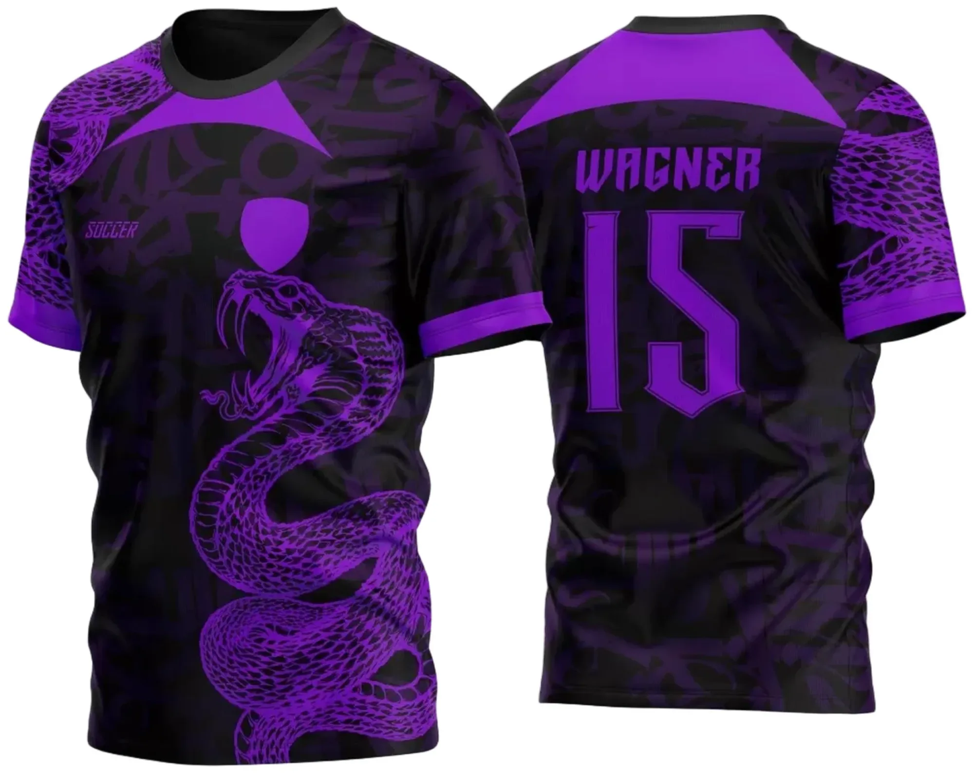 Camiseta unissex preta com logo no peito e estampa grande nas costas com tema Atlética Acadêmica e InterClasse Cobra 2023 modelo 3.