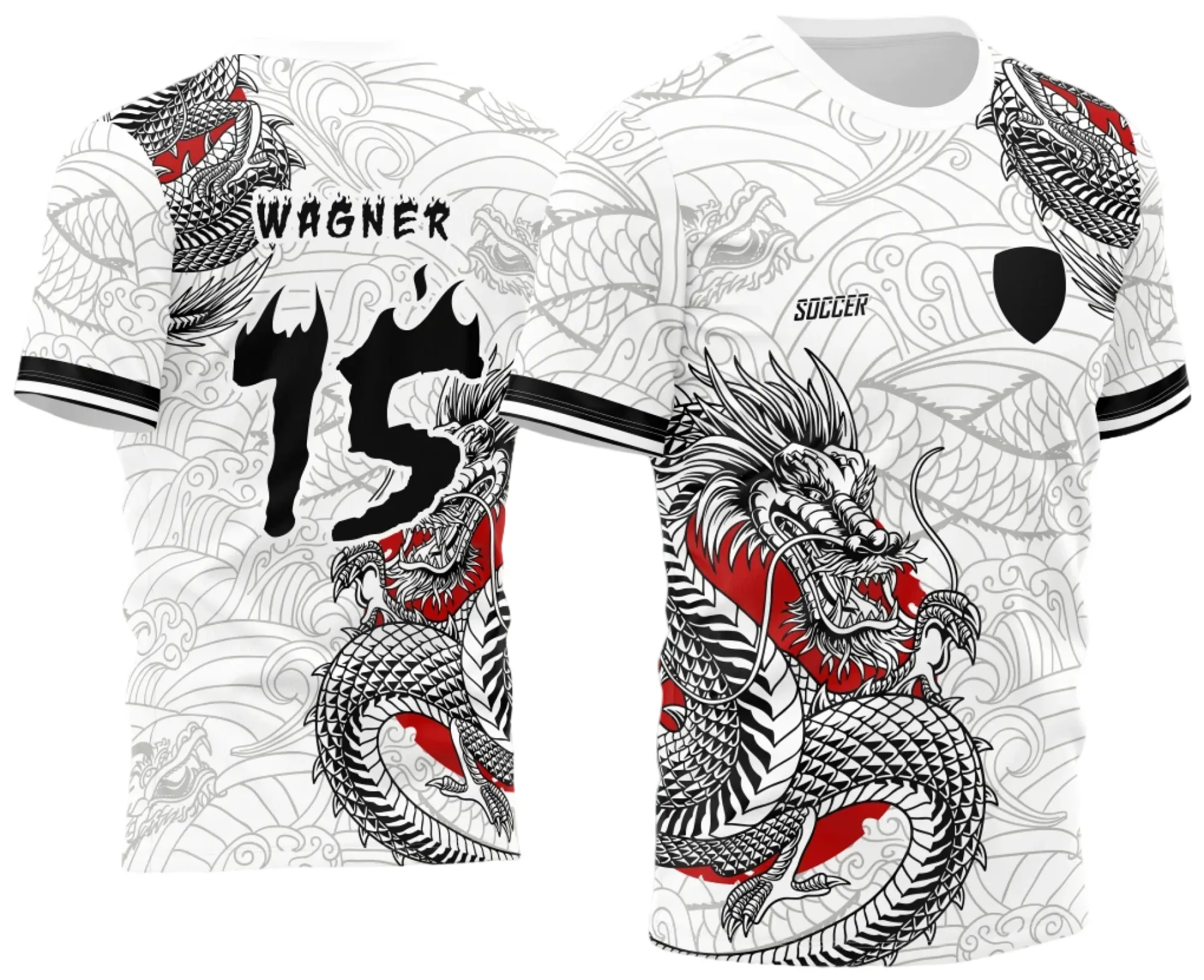 Camiseta unissex preta com logo no peito e estampa grande nas costas mostrando tema Atlética Acadêmica e InterClasse Dragão 2023, ideal para estudantes e eventos esportivos.