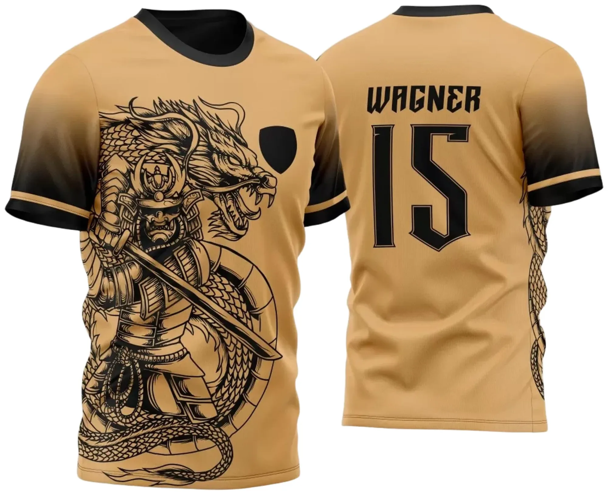 Camiseta unissex preta com logo no peito e estampa grande nas costas temática Dragão Samurai 2023 para atlética acadêmica e interclasse.
