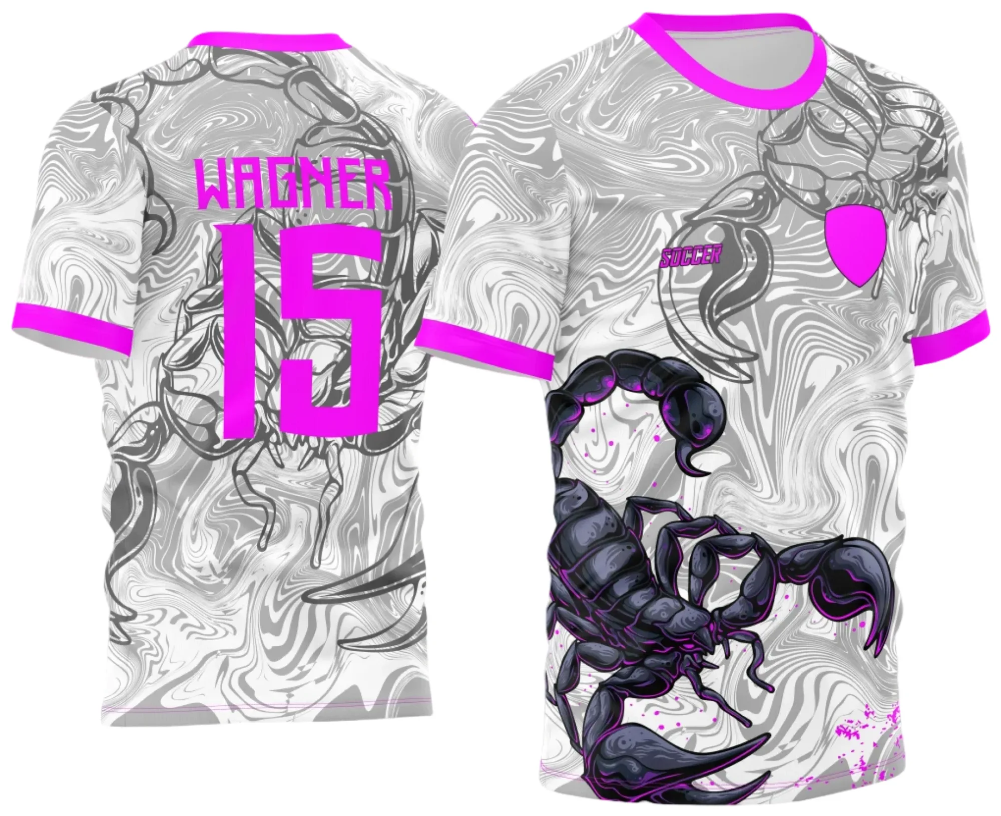 Camiseta unissex preta com logo no peito e estampa grande nas costas em tema Escorpião para Atlética Acadêmica e InterClasse 2023, design moderno e marcante.