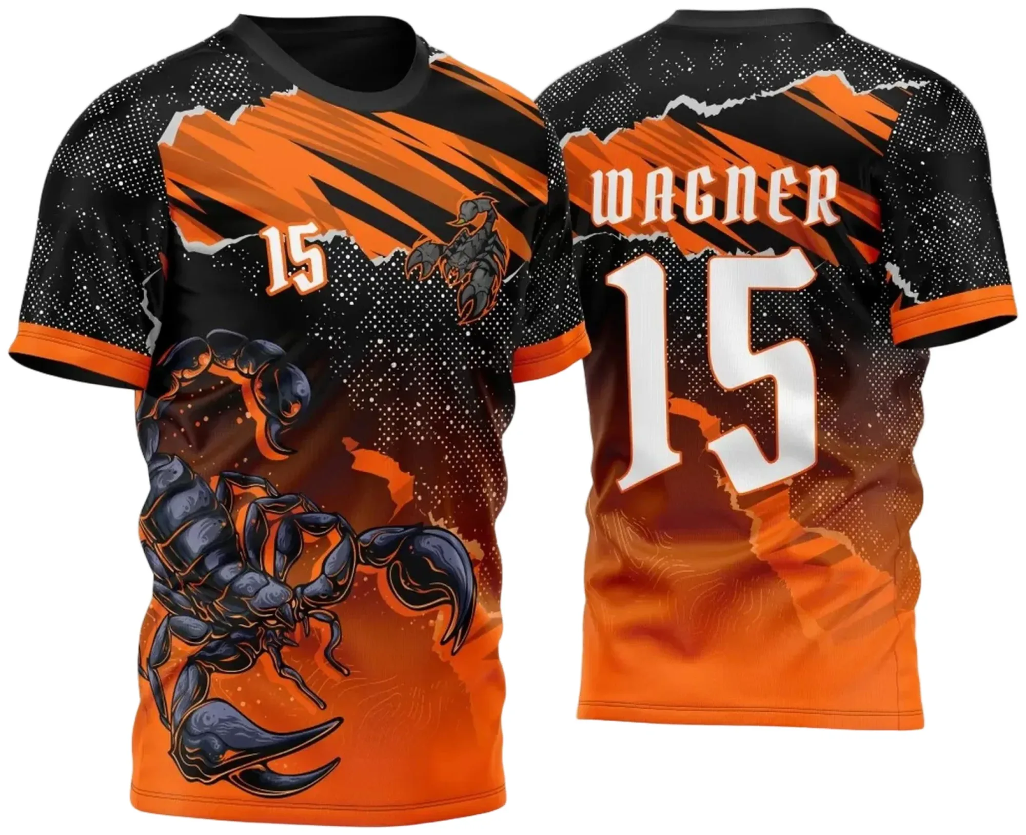 Camiseta unissex preta com logo no peito e estampa grande nas costas, temática Escorpião 2023 para atlética acadêmica e interclasse, perfeita para eventos e competições estudantis.