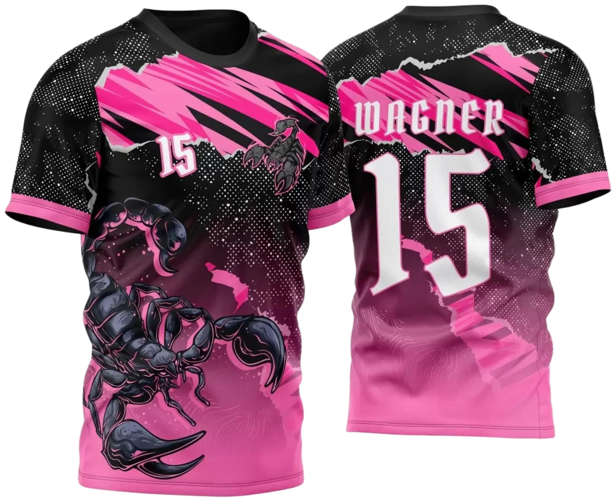 Camiseta unissex preta com logo no peito e estampa grande nas costas, tema Atlética Acadêmica e InterClasse Escorpião 2023 modelo 3, destaque para design marcante e visual moderno.