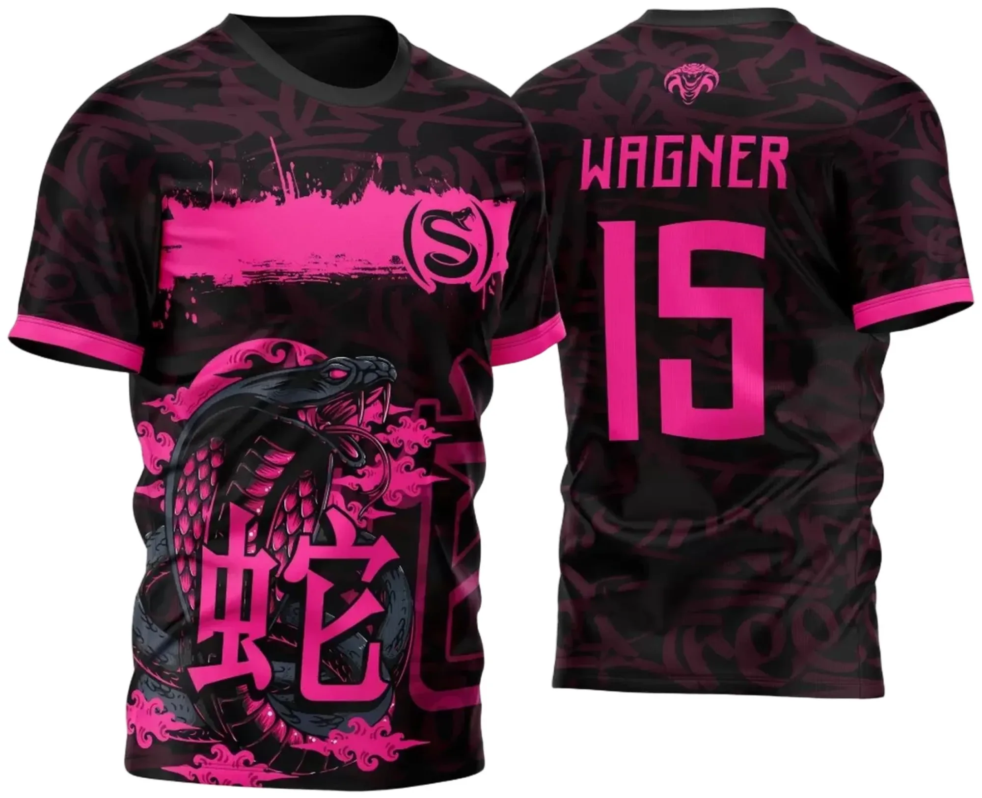 Camiseta unissex preta com logo no peito e estampa grande nas costas com tema Atlética Acadêmica e InterClasse Cobra Naja M2 2023, ideal para times e eventos escolares.