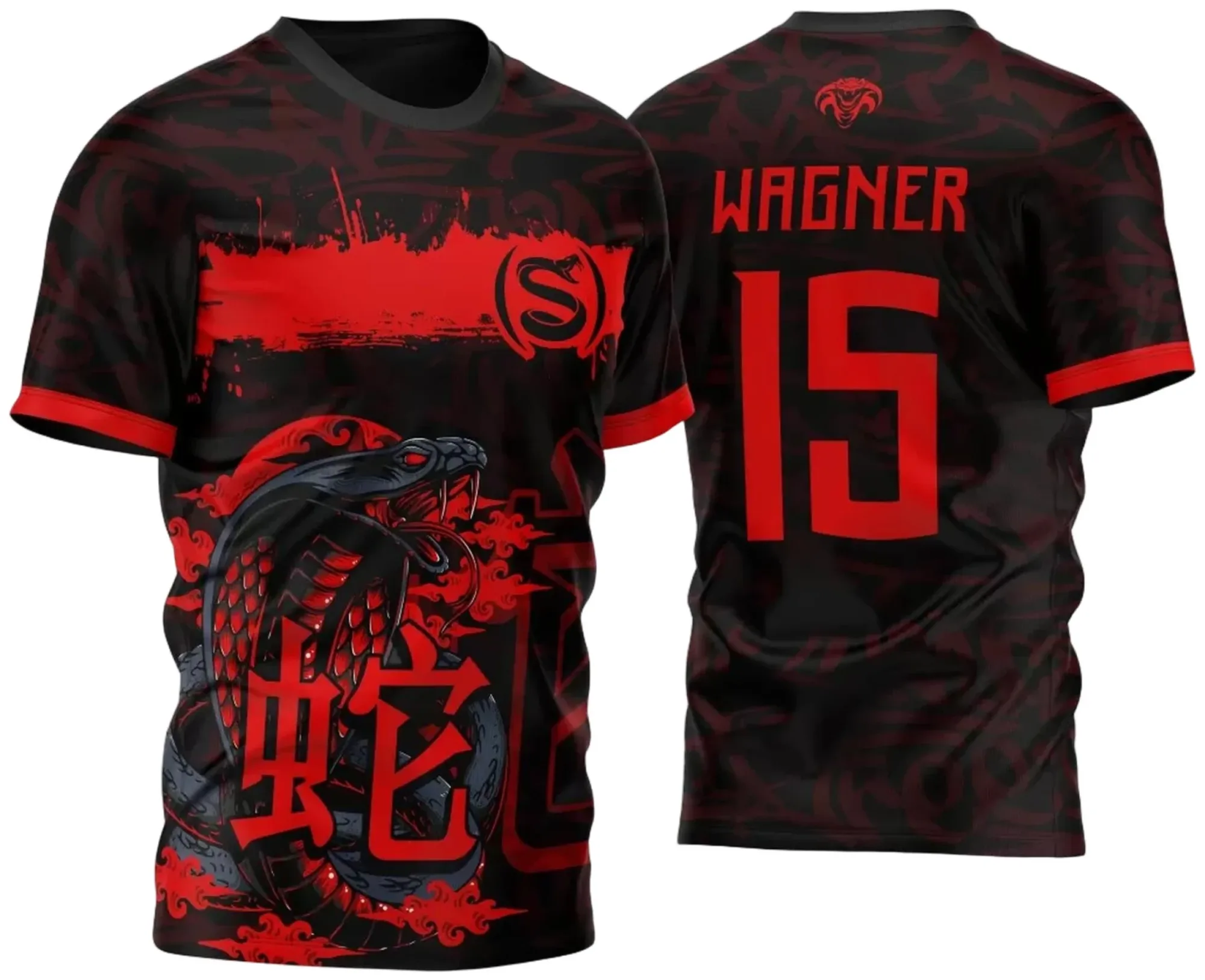 Camiseta unissex preta com logo no peito e estampa grande nas costas, tema Atlética Acadêmica e InterClasse Cobra Naja M2 2023 Modelo 4, design moderno e vibrante.