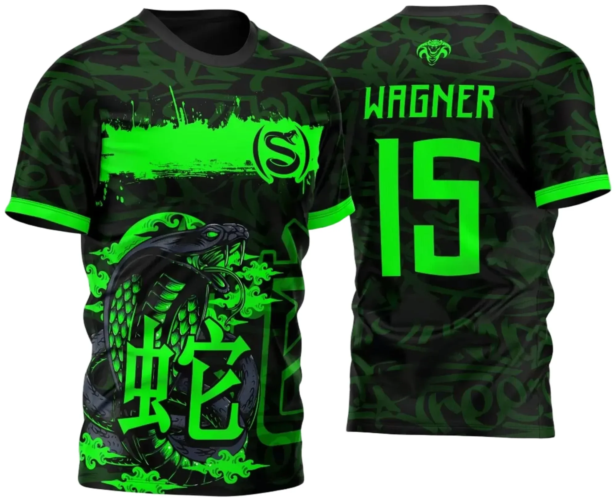 Camiseta unissex preta com logo no peito e estampa grande nas costas da Cobra Naja M2 2023, perfeita para atléticas acadêmicas e competições interclasse.