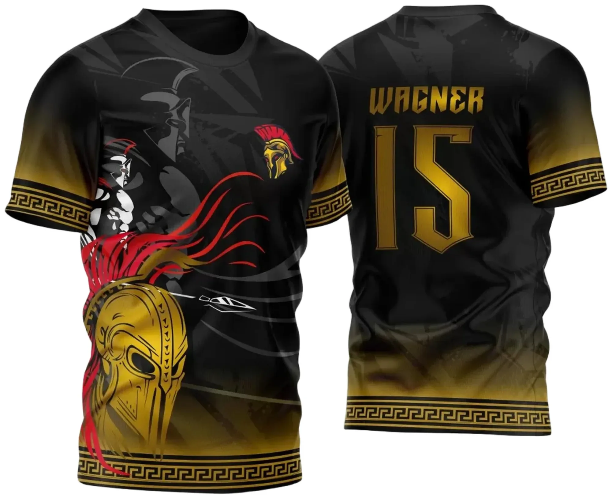 Camiseta unissex preta com logo no peito e estampa grande nas costas, temática InterClasse Spartanos 2023 Modelo 3, design impactante e moderno para amantes de esportes.