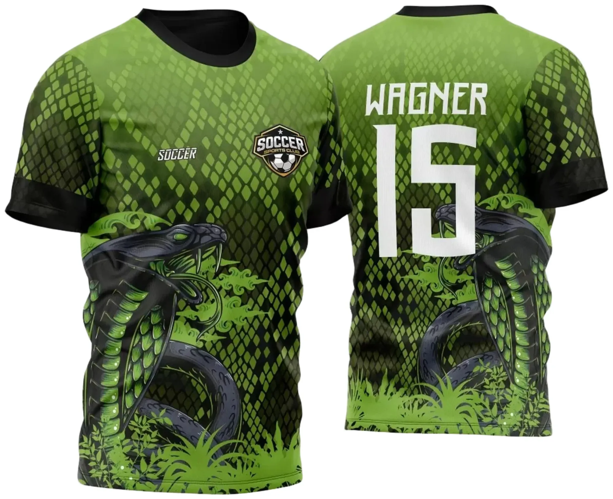 Camiseta unissex preta com logo no peito e estampa grande nas costas, tema cobra naja para atlética acadêmica e interclasse 2023, visual moderno e marcante.