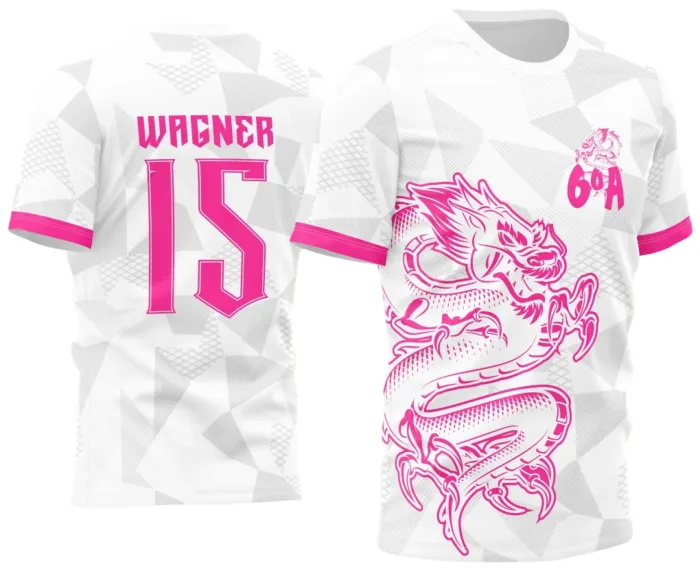 Arte Vetor Camisa Para Atlética Acadêmica e InterClasse Dragão Branca e Rosa Sexto Ano 2023