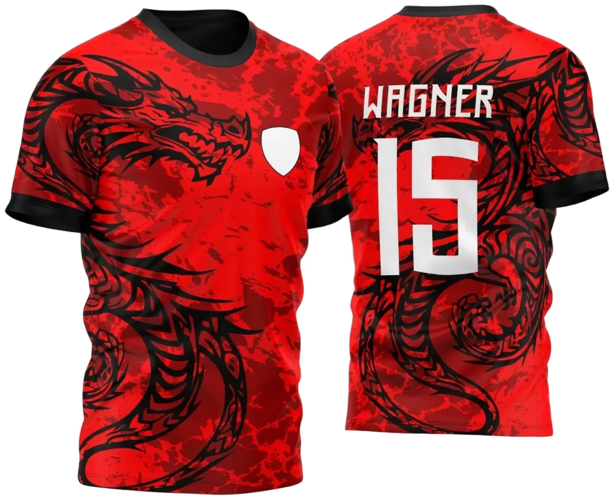 Camiseta unissex preta com logo no peito e estampa grande nas costas inspirada na Atlética InterClasse Dragão Grunge Sangue M2 2023, perfeita para torcer no estilo acadêmico.