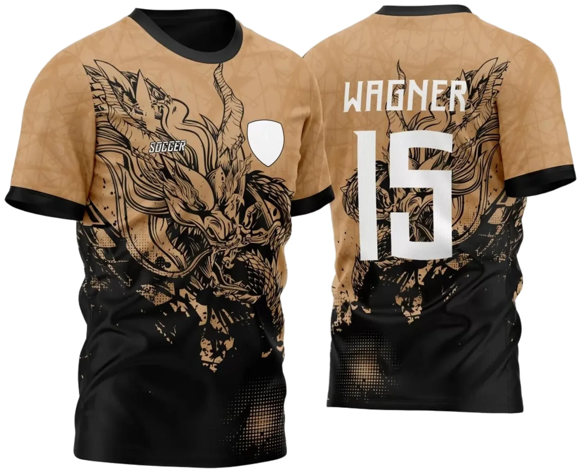 Camiseta unissex preta com logo no peito e estampa grande nas costas mostrando o tema Dragão Grunge, perfeita para Atlética Acadêmica e InterClasse M2 2023.