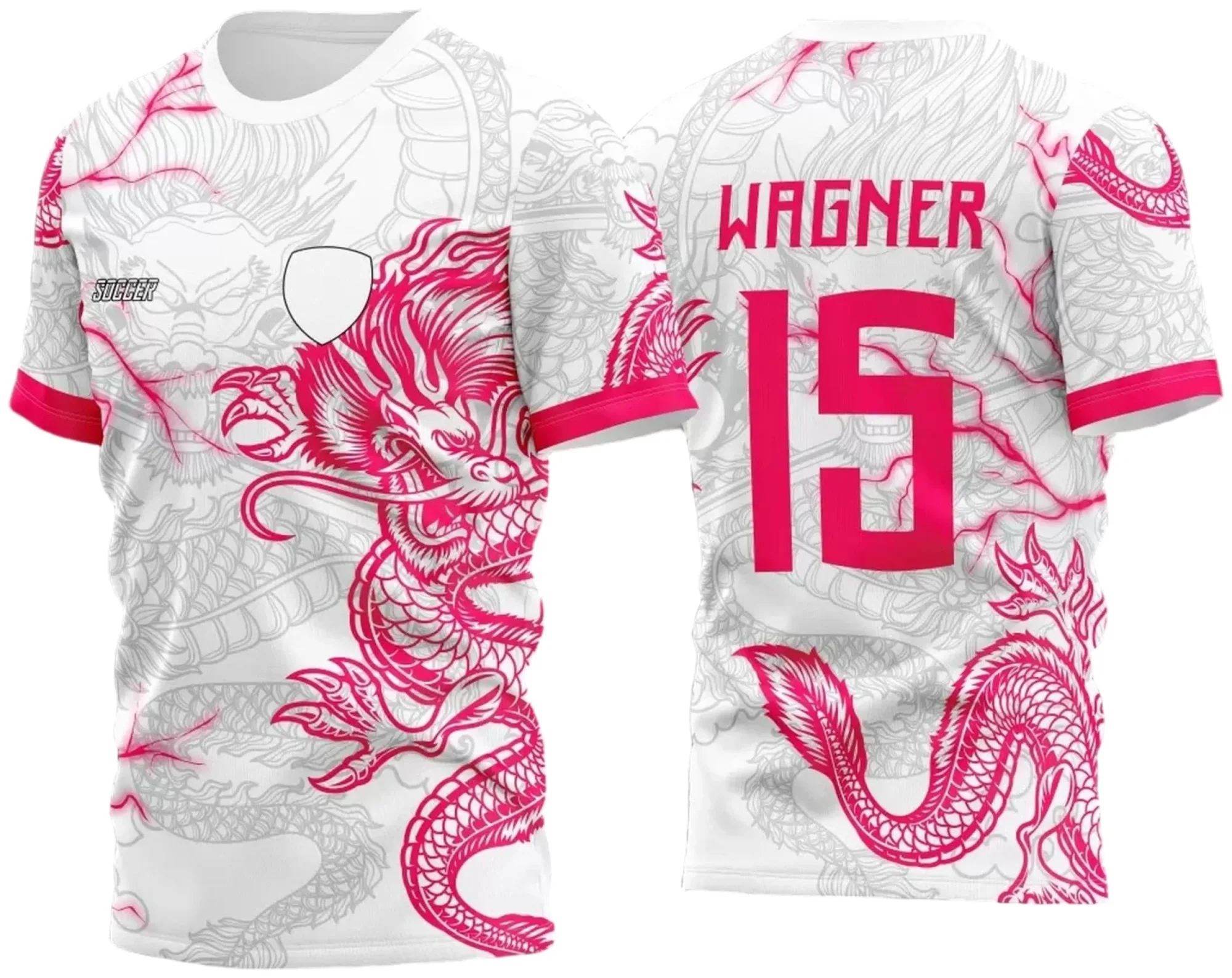 Camiseta unissex preta com logo no peito e estampa grande nas costas mostrando Dragão Raios M3 em rosa, ideal para atlética acadêmica e eventos InterClasse 2023.