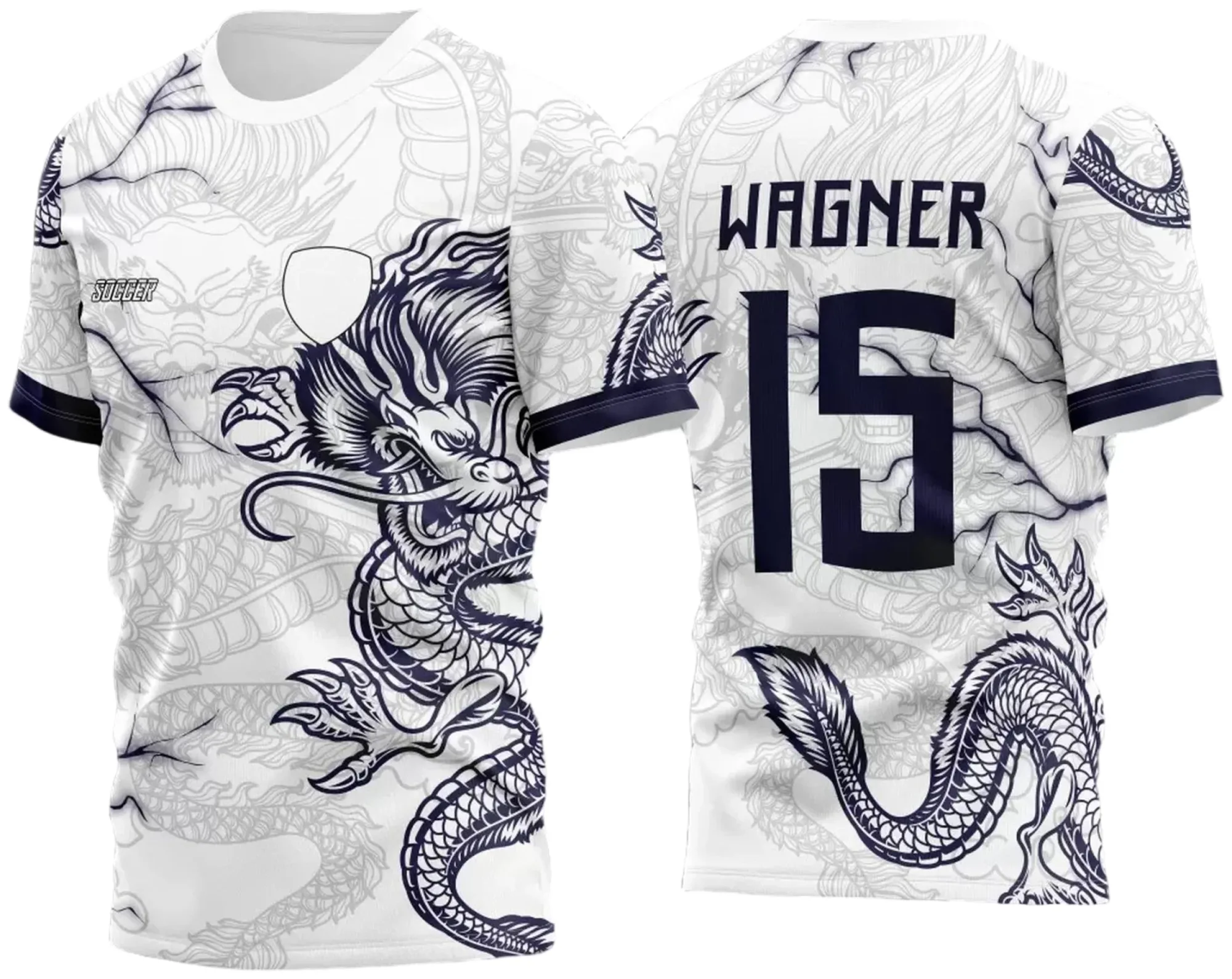 Camiseta unissex azul com logo no peito e estampa grande nas costas mostrando Dragão com raios no estilo atlética acadêmica e InterClasse, perfeita para times e eventos escolares.