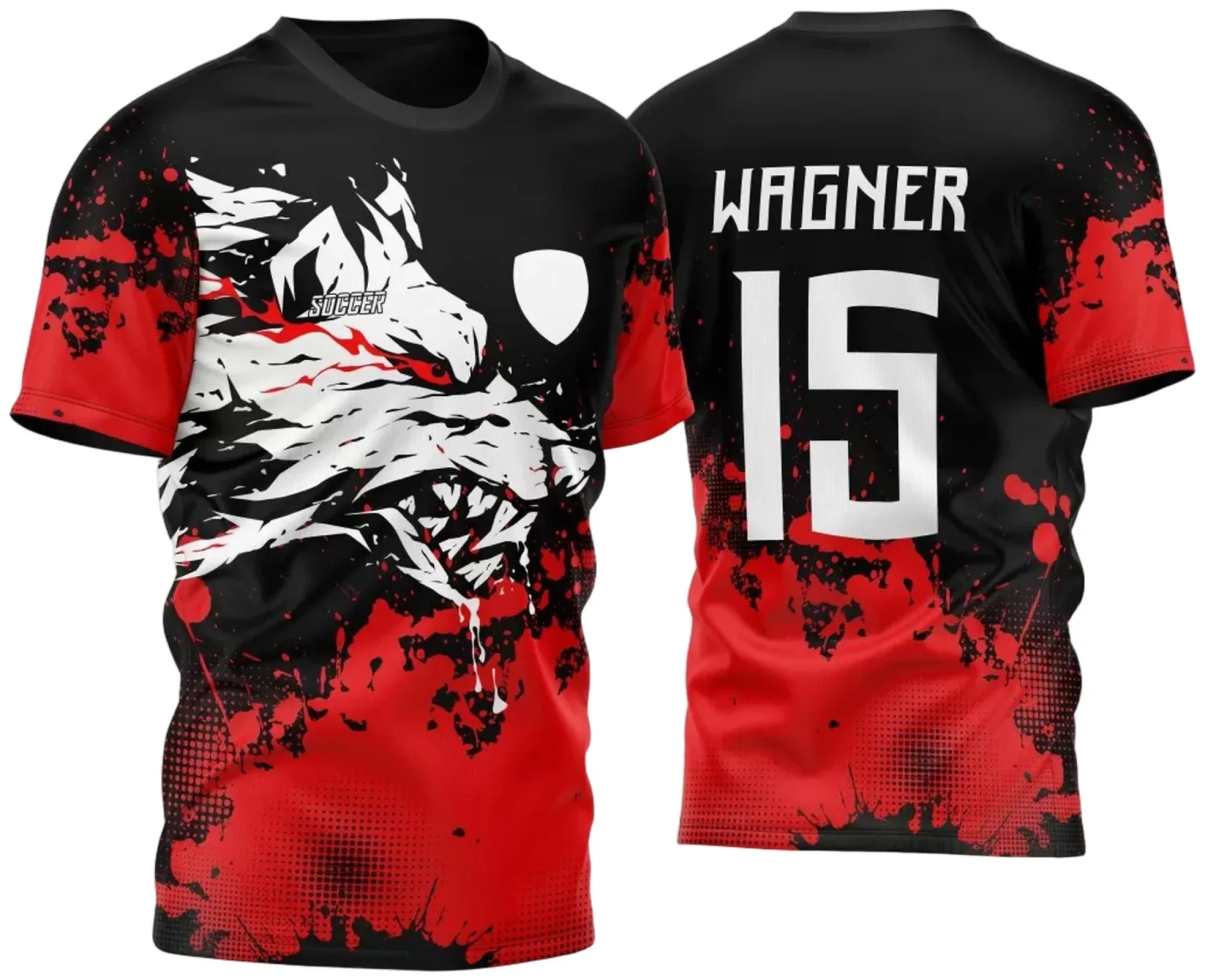 Camiseta unissex preta com logo no peito e estampa grande nas costas do Lobo de Sangue da Atlética Acadêmica e InterClasse M2 2023, design moderno e visual impactante perfeito para eventos universitários.