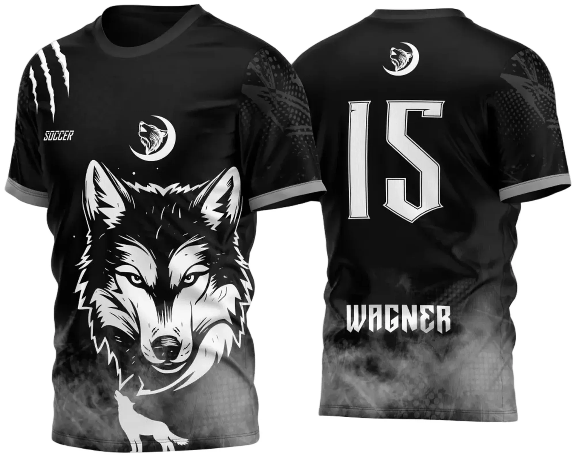 Camiseta unissex preta com logo no peito e estampa grande nas costas com tema Lobo da Lua Cheia, ideal para eventos acadêmicos como atlética e interclasse.