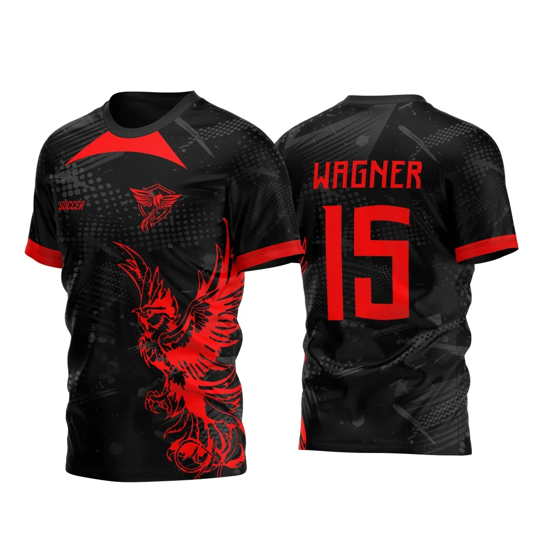 Camiseta preta unissex com logo no peito e estampa grande nas costas representando tema da Atlética Acadêmica e InterClasse Phenix M2 2023, design moderno e atraente para eventos estudantis.