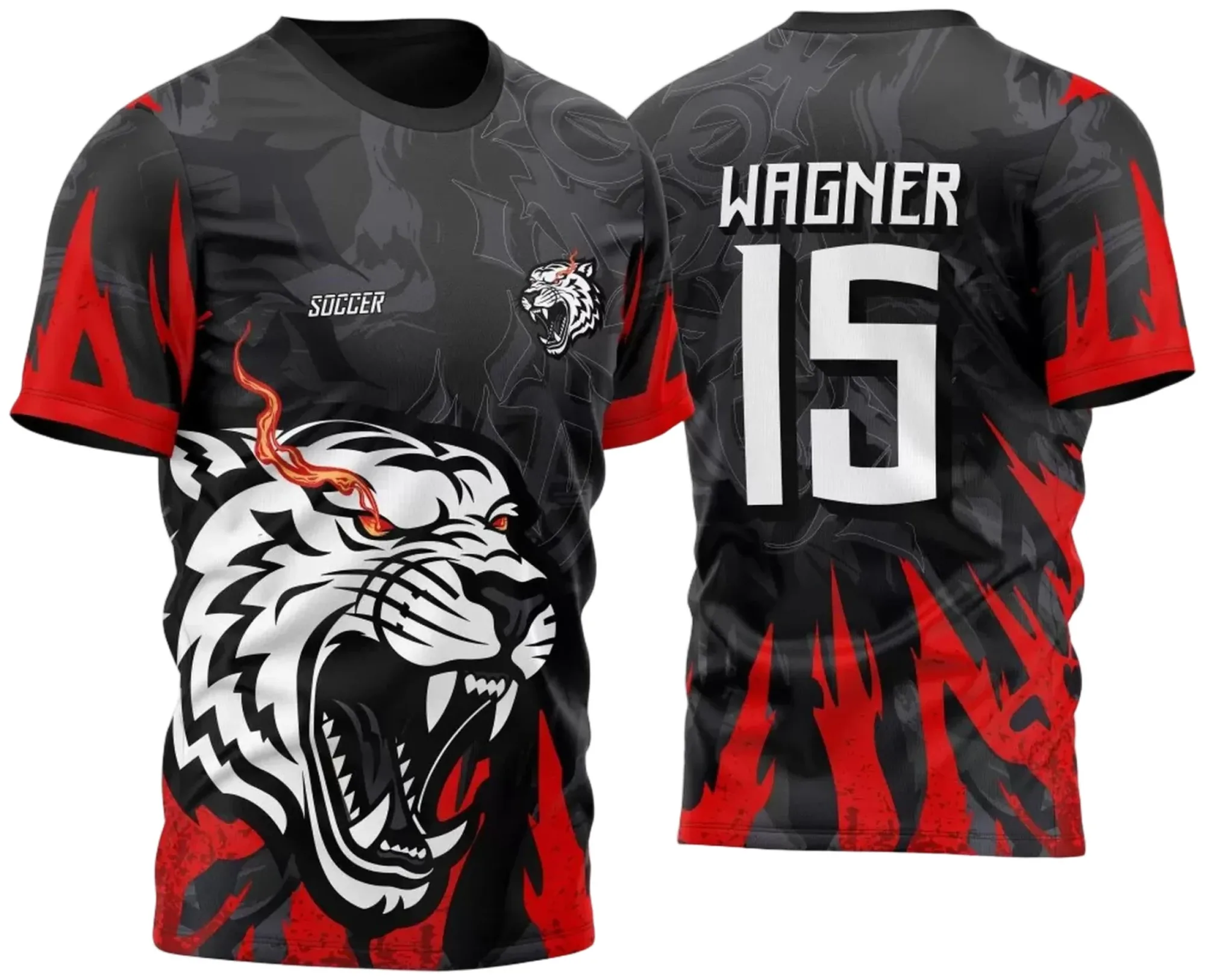 Camiseta unissex preta com logo no peito e estampa grande nas costas com o tema Tigre Branco 2025 da Atlética Acadêmica e InterClasse.