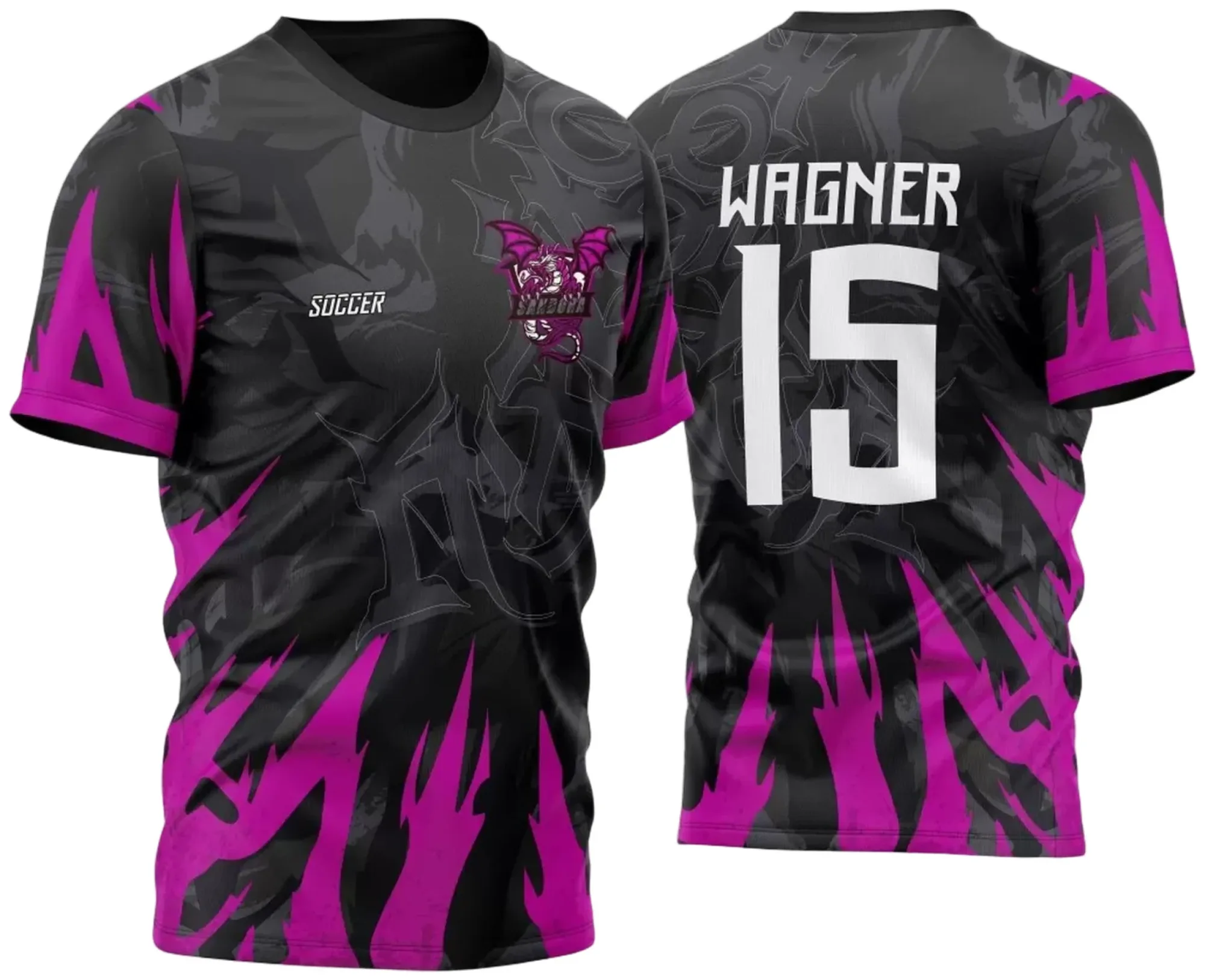 Camiseta unissex preta com logo no peito e estampa grande nas costas, tema Atlética Acadêmica e InterClasse Dragão 2023, modelo 3