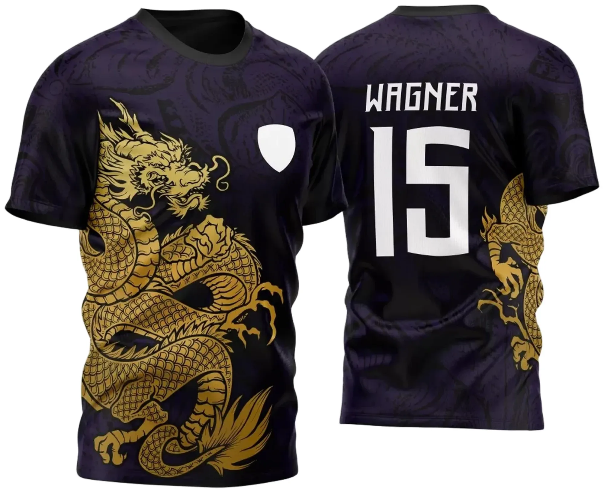 Camiseta unissex preta com logo no peito e estampa grande nas costas representando dragão dourado, inspirada no InterClasse Vol 002 2023, ideal para quem busca estilo marcante em eventos escolares.