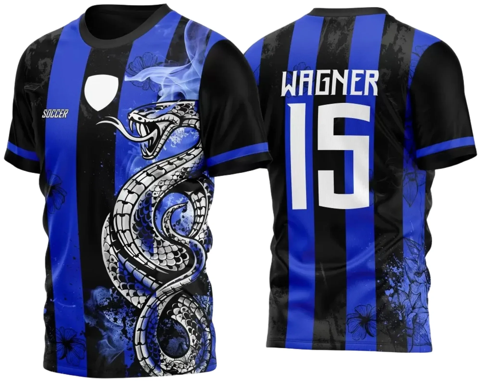 Camiseta unissex preta com logo no peito e estampa grande nas costas com tema de cobra grunge em preto e azul, estilo moderno e impactante para o InterClasse 2023.