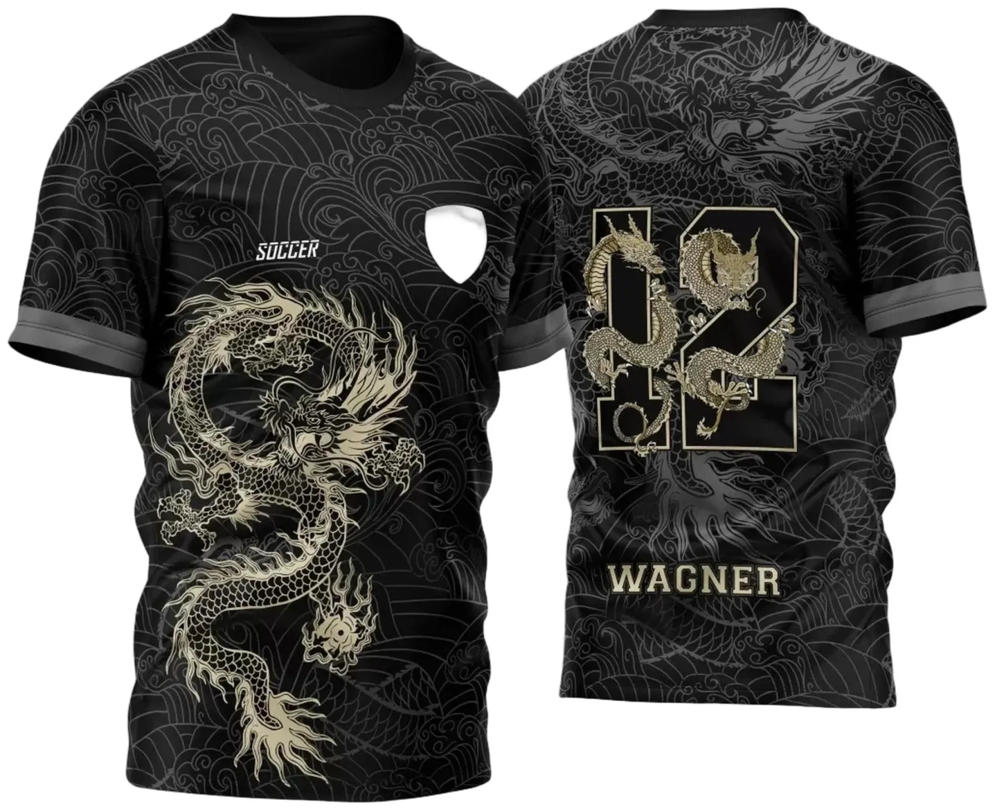 Camiseta unissex preta com logo no peito e estampa grande nas costas, tema Dragão Dourado 2023 para InterClasse, design impactante e moderno.