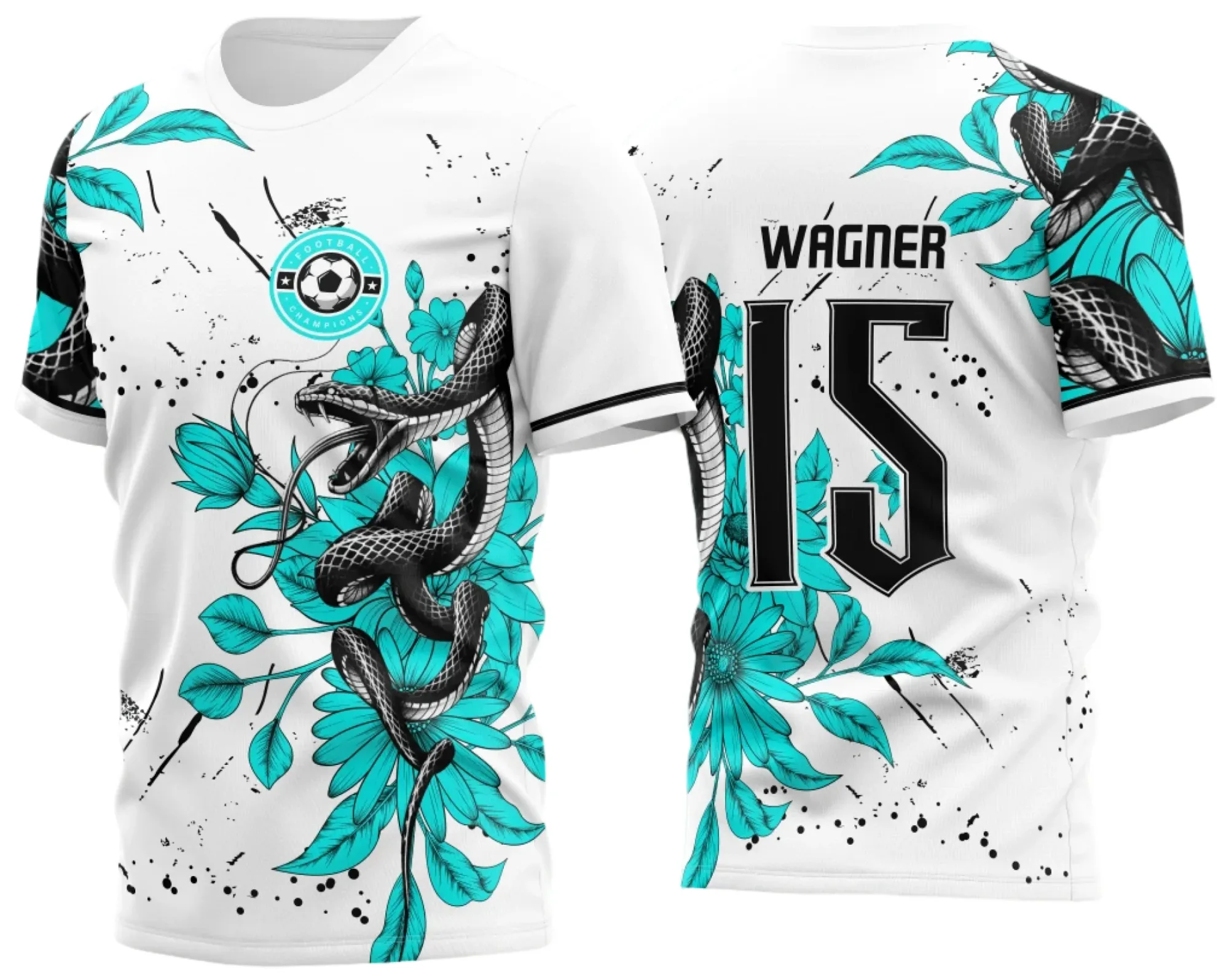 Camiseta unissex na cor preta com logo no peito e estampa grande nas costas mostrando cobra serpente floral verde, design único e moderno para eventos InterClasse 2023.