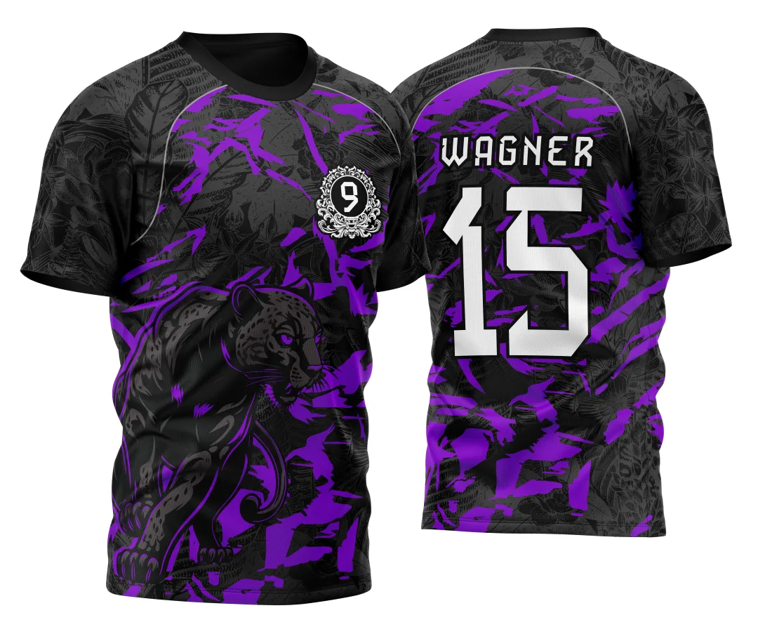 Camiseta unissex roxa com logo no peito e estampa grande nas costas, tema Pantera do InterClasse Nono Ano 2026, perfeita para uso casual e escolar.