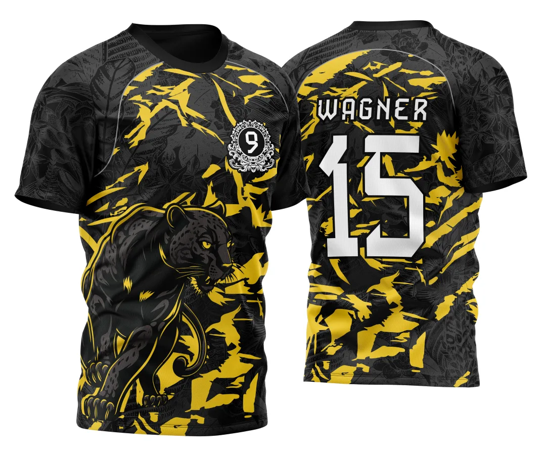 Camiseta unissex com logo no peito e estampa grande nas costas, com tema InterClasse Pantera Nono Ano 2026 em camisa amarela e detalhe vibrante, ideal para eventos escolares e torcida.