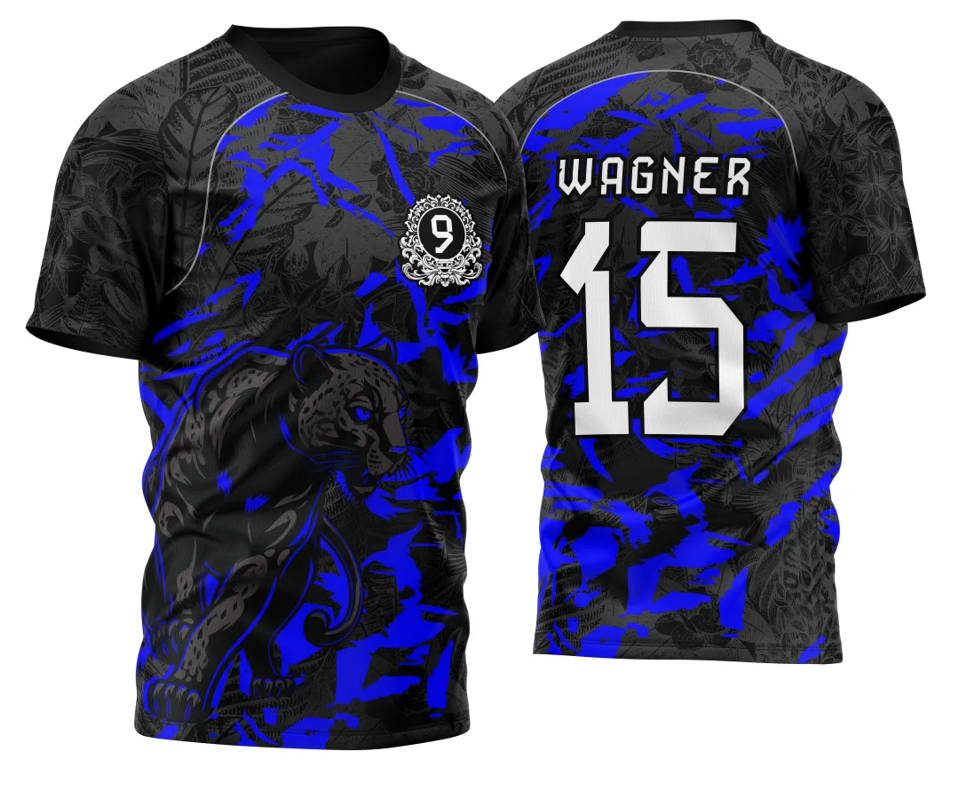 Camiseta unissex com logo no peito e estampa grande nas costas, temática InterClasse Pantera Nono Ano 2026 em tom azul vibrante, modelo moderno com base preta para destaque do desenho