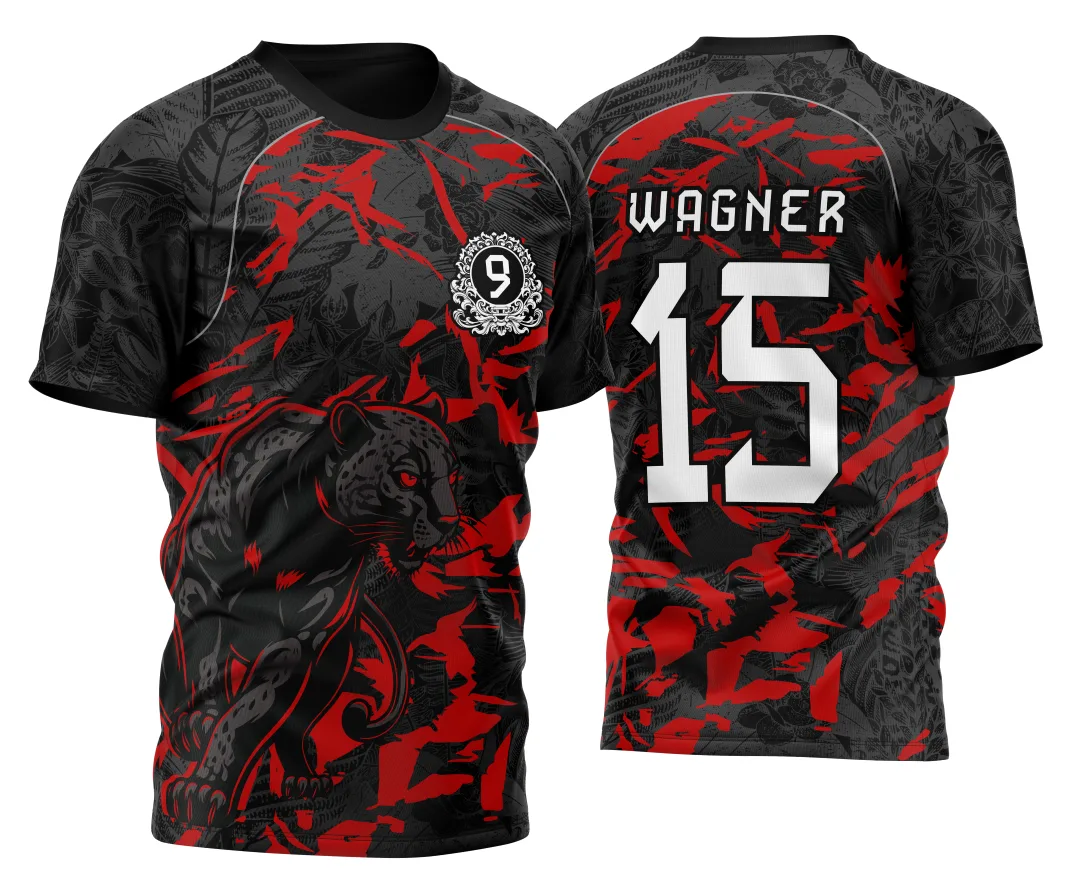 Camiseta unissex preta com logo no peito e estampa grande nas costas com tema InterClasse Pantera Nono Ano 2026, modelo vermelha vibrante e design marcante para eventos escolares.