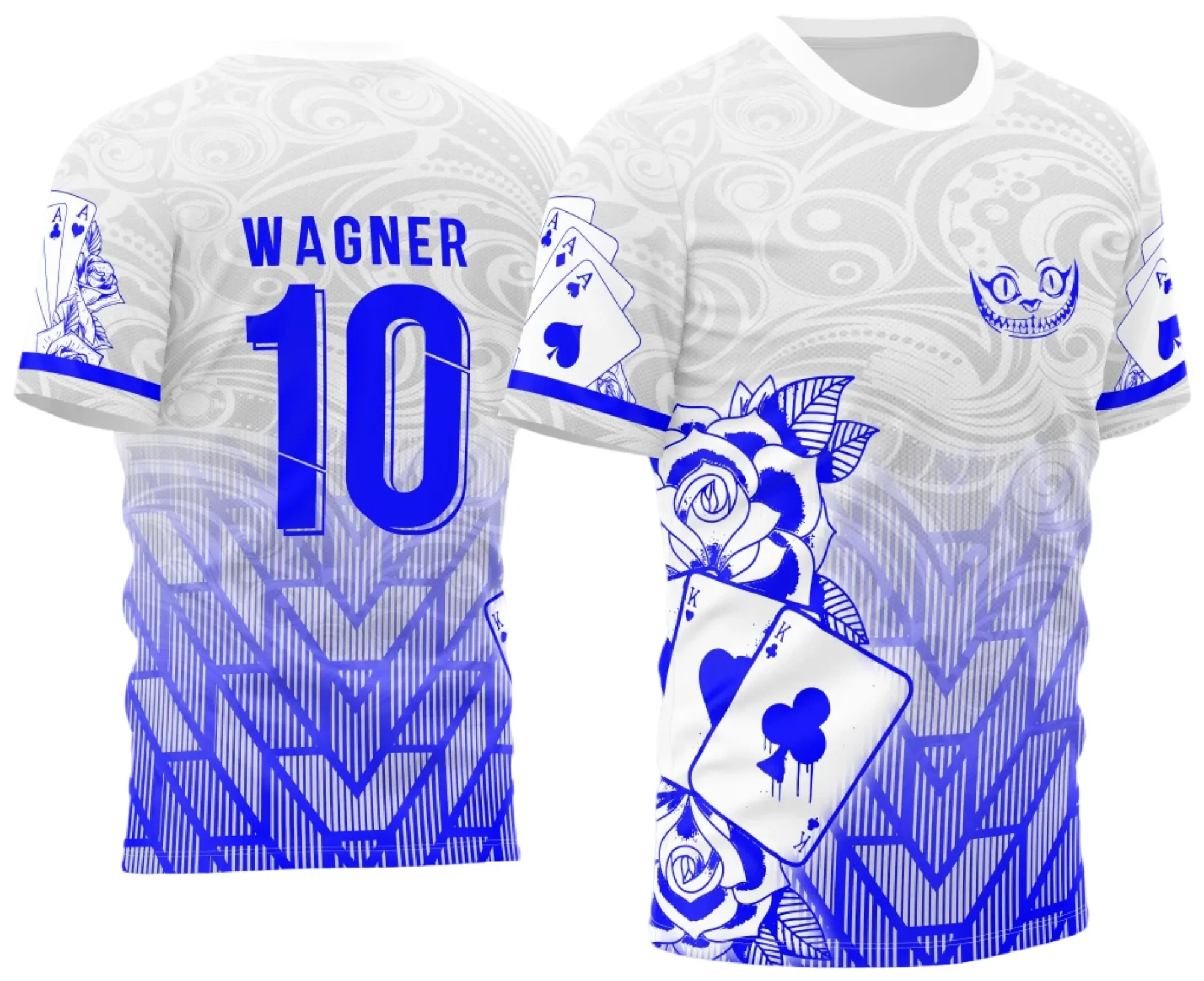 Camiseta unissex branca com logo no peito e estampa grande nas costas inspirada nas cartas de baralho, tema InterClasse Carta Naipe 2023 Modelo 5, design moderno e versátil para o dia a dia.