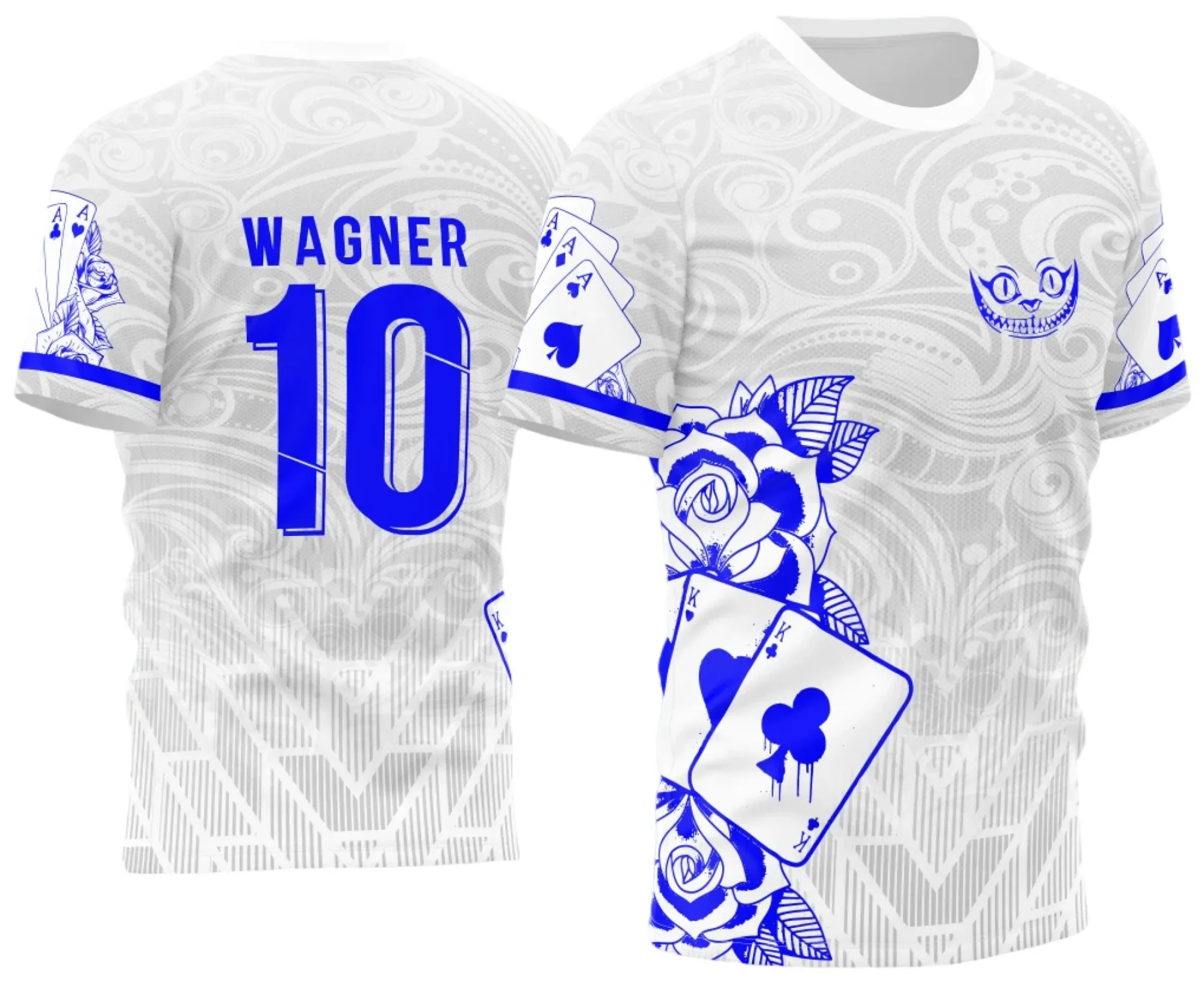 Camiseta unissex branca com logo no peito e estampa grande nas costas mostrando cartas de naipe no estilo InterClasse 2023, modelo 4, perfeita para quem busca estilo e identidade.