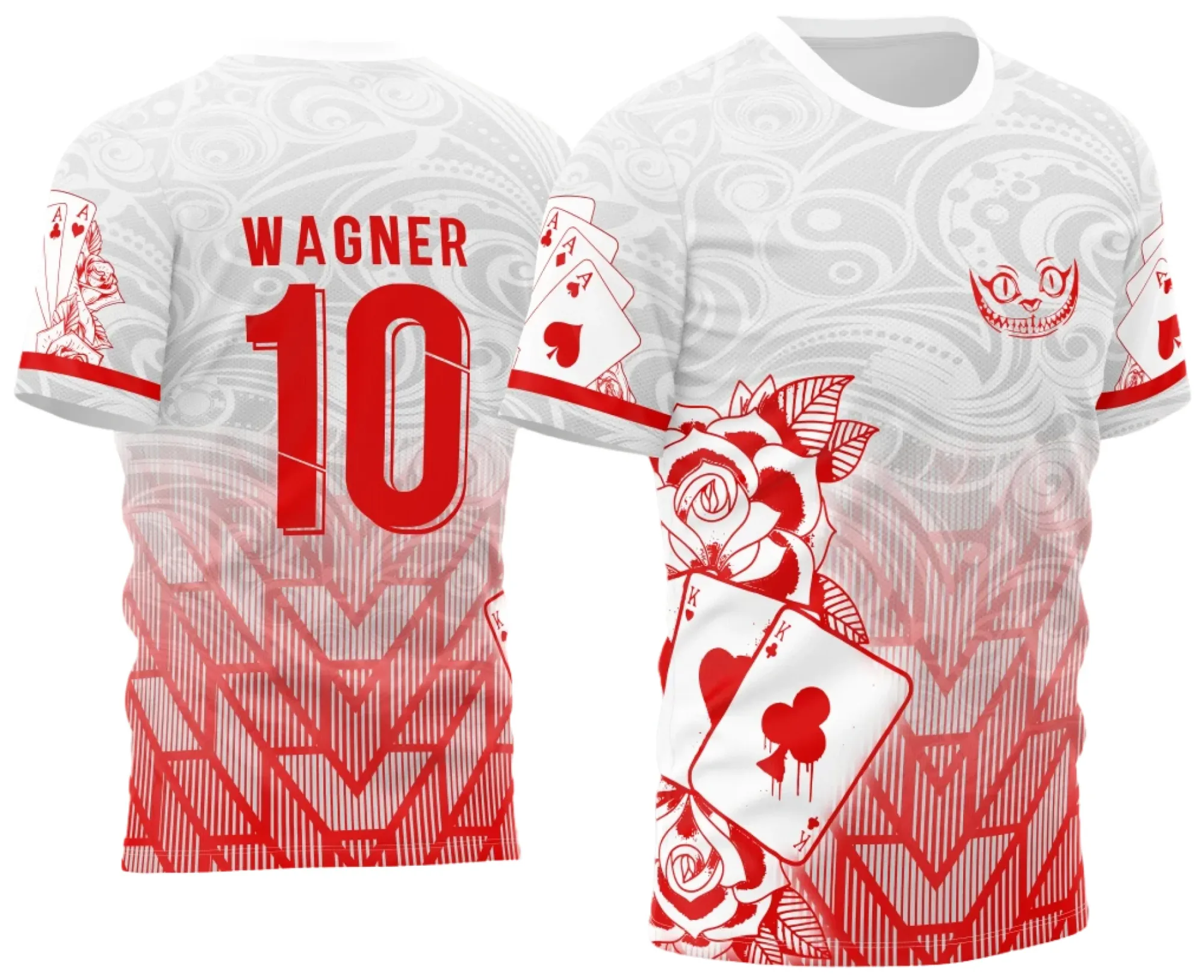 Camiseta unissex branca com logo no peito e estampa grande nas costas mostrando Carta Naipe InterClasse 2023, design moderno e marcante para eventos escolares.